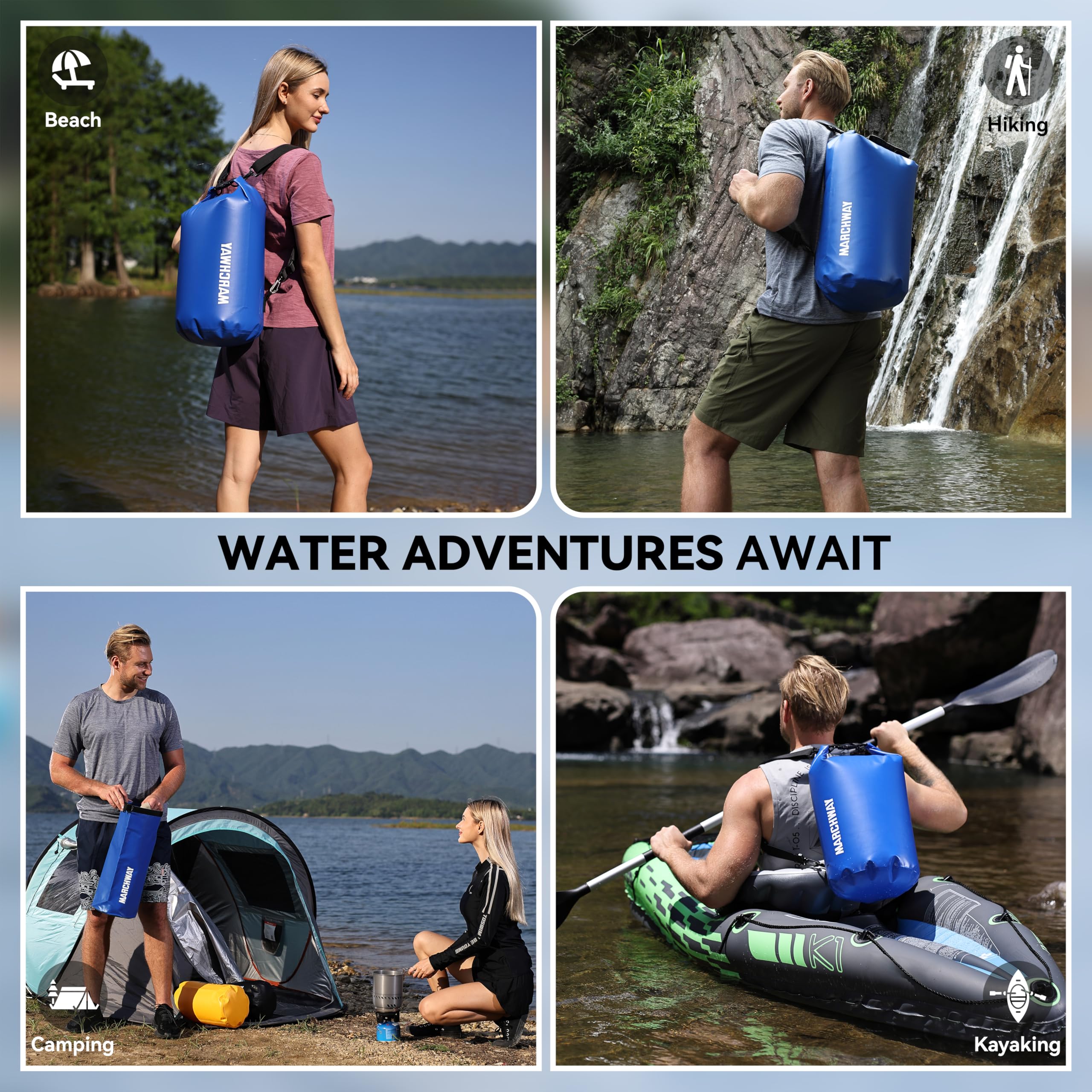 MARCHWAY Mochila Impermeable Flotante de 5L/10L/20L/30L/40L, Saco Enrollable Que Mantiene el Equipo seco para Kayak, Rafting, canotaje, natación, Camping, Senderismo, Playa, Pesca, Azul Oscuro, 10 L