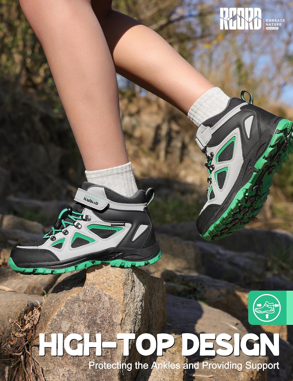 R CORD Kids Hiking Boots Drawstring Closure Girls Hiking Boots Waterproof Durable TPR Traction Outsole Anti-Skid Athletic Outdoor Boots