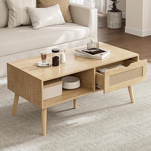 Miniatura 9 de Mesa de café de madera con almacenamiento, mesa de comedor bohemia con panel de puerta deslizante de ratán y patas de madera maciza, mesas de café