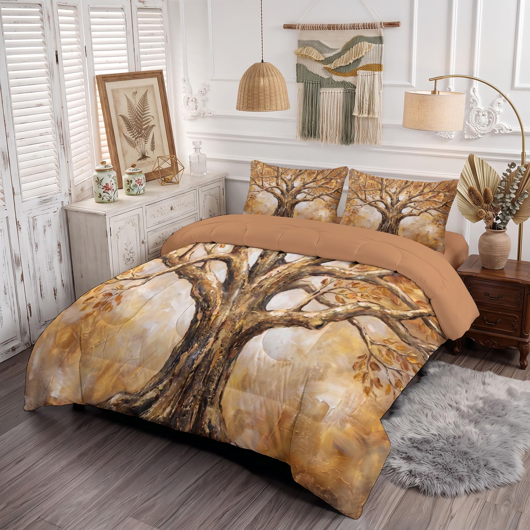 Copriletto Trapuntato Per Bambini Con Albero Autunnale Del Ringraziamento | Trapunta Matrimoniale Invernale, Oro, Piumone Caldo Morbido Dipinti Botanici Ad Olio D'Epoca Per Decorazione Camera Da Letto