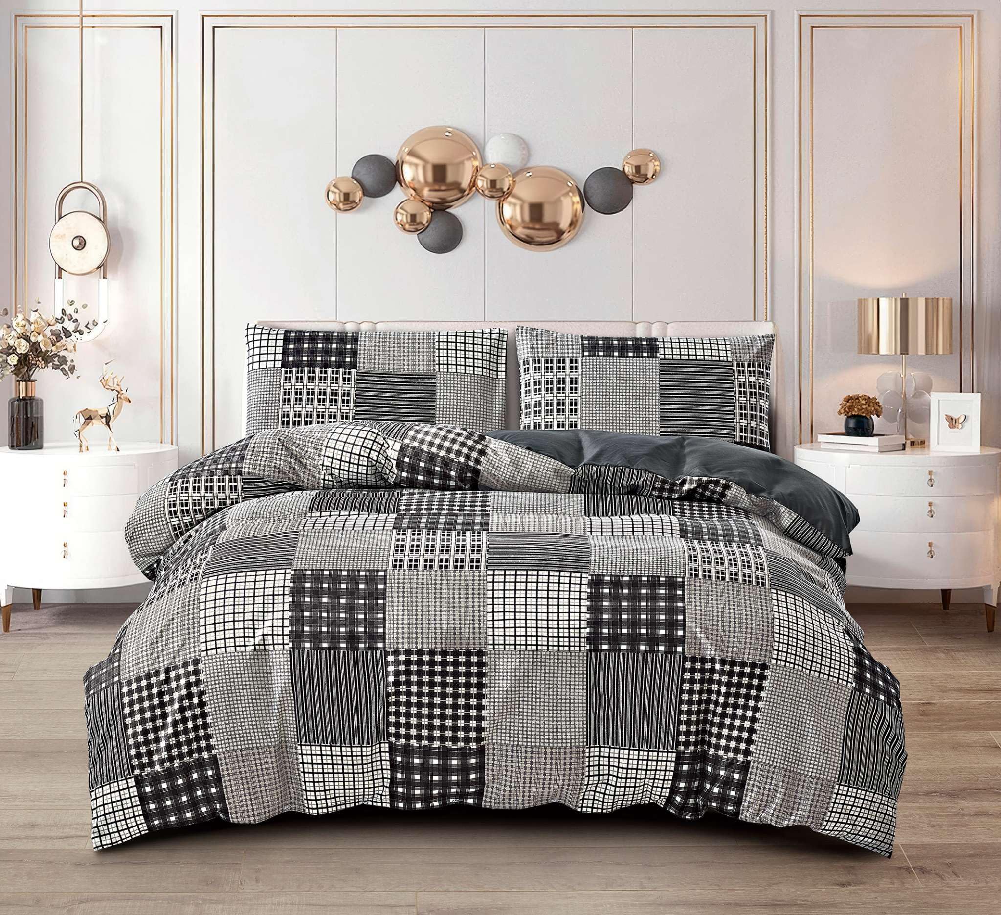 Luxury Printed Bedding Set Quilt Cover with Fitted Sheet and Pillowcases 4 Piece Complete Duvet Set (Check Decore, Single)
