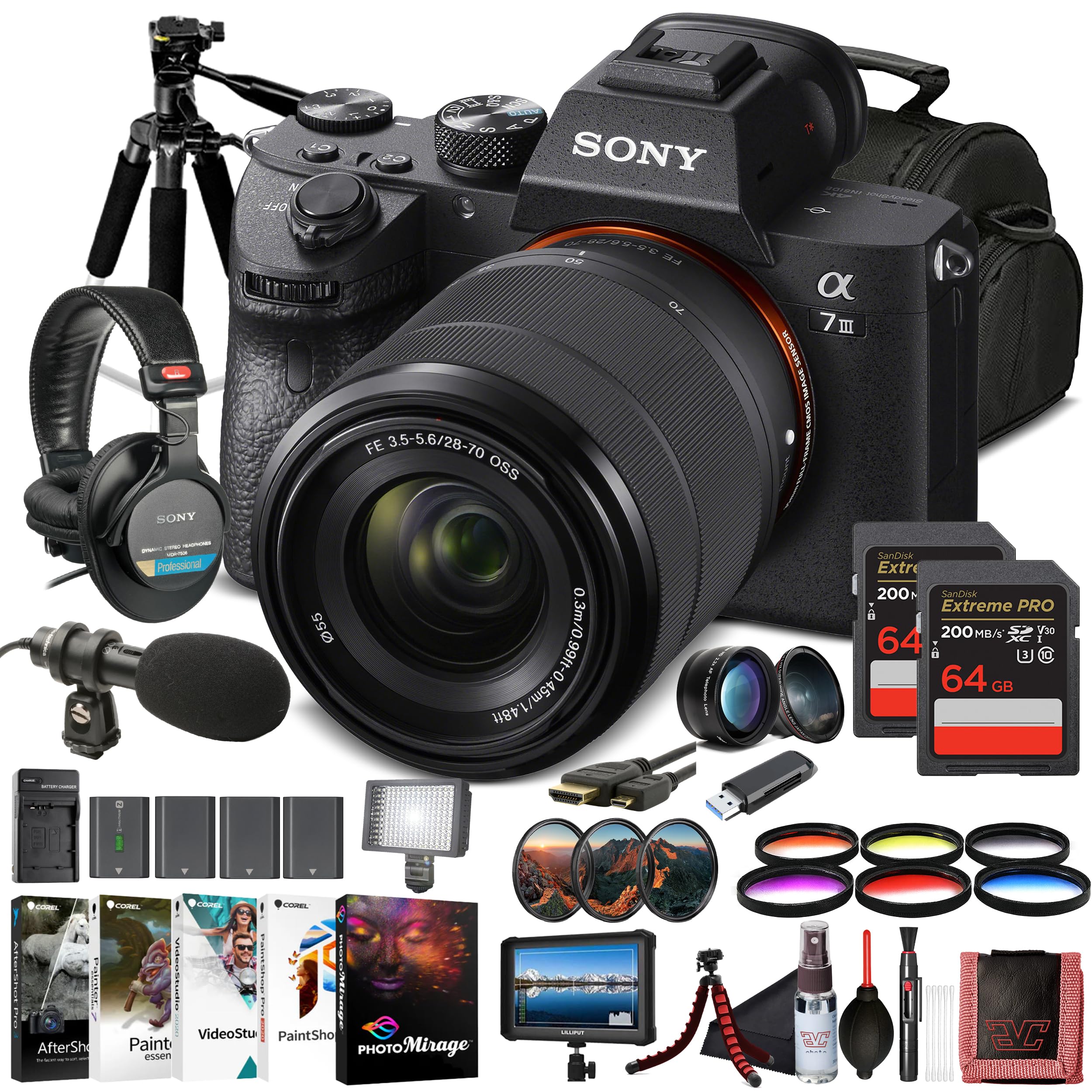 Sony α7 III Full-Frame Mirrorless Camera Kit with 28–70 mm OSS Lens (ILCE-7M3K/B) – 24.2 MP Sensor | 4K HDR Video | Pro Headphones, Pro Mic, 2 x 64GB