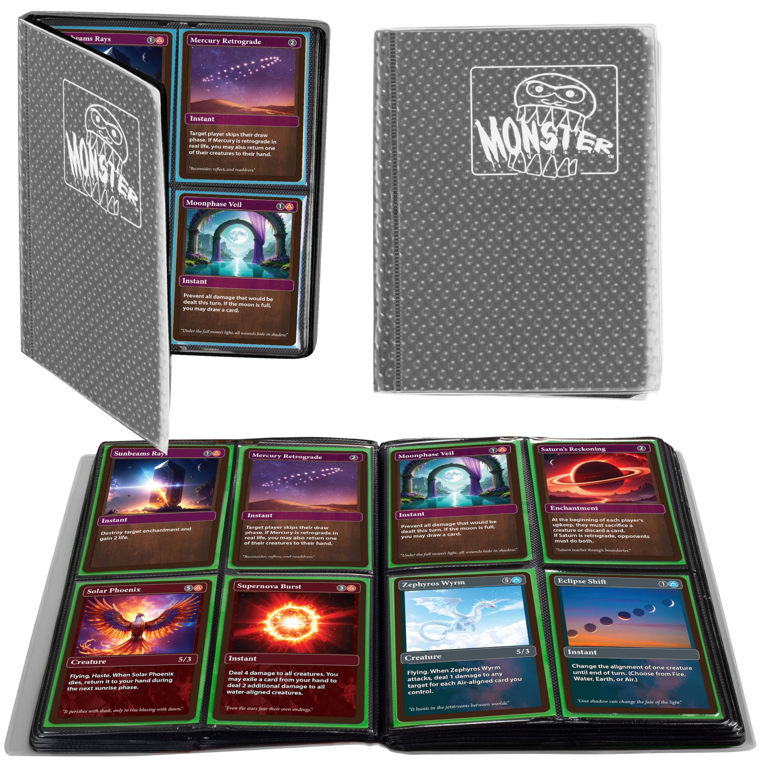 monster trading card binder The Original Album- 20 Side Loading 4-Pocket Per Page TCG Binder- Holds 160 Sleeved Trading Cards- Holofoil Clear Pages are actually sewn in for added durability Monster 4 Pocket Trading Card
