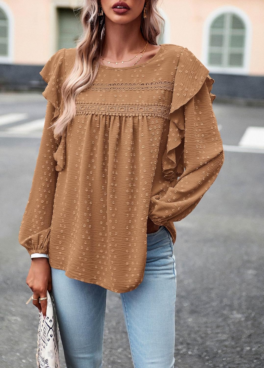 PRETTYGARDEN Women's Long Sleeve Shirts Ruffle Swiss Dot Crochet Loose Fit Tunic Dressy Casual Tops Blouses Spring Fashion - Image 3