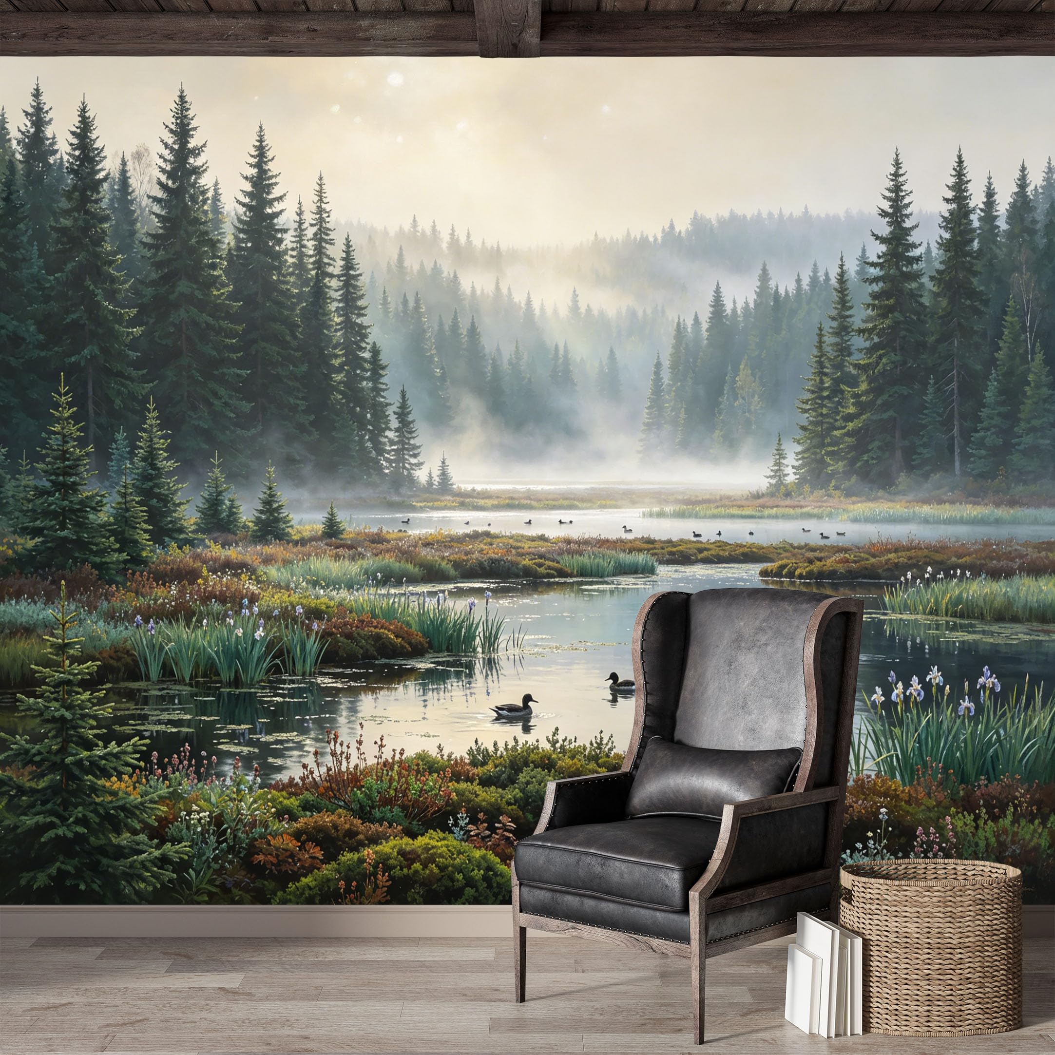 Custom Size Wall Mural,Misty Forest Lake Ducks Watercolor Premium Water Activated SelfAdhesive Wallpaper,Removable Wall Covering,Easy DIY Install Wall Art for Indoor Home Decor