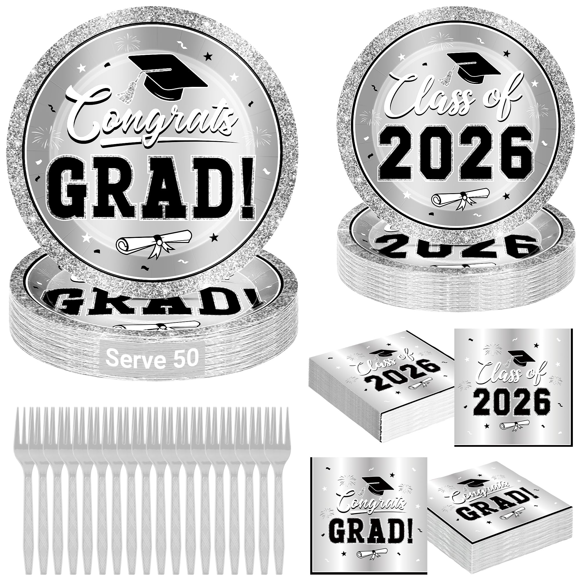 QZYL 200Pcs Sliver Graduation Plates and Napkins, Graduation Party Supplies for 50 Guests, Disposable Grad Dessert Plates and Plastic Forks for Grad Party Decorations