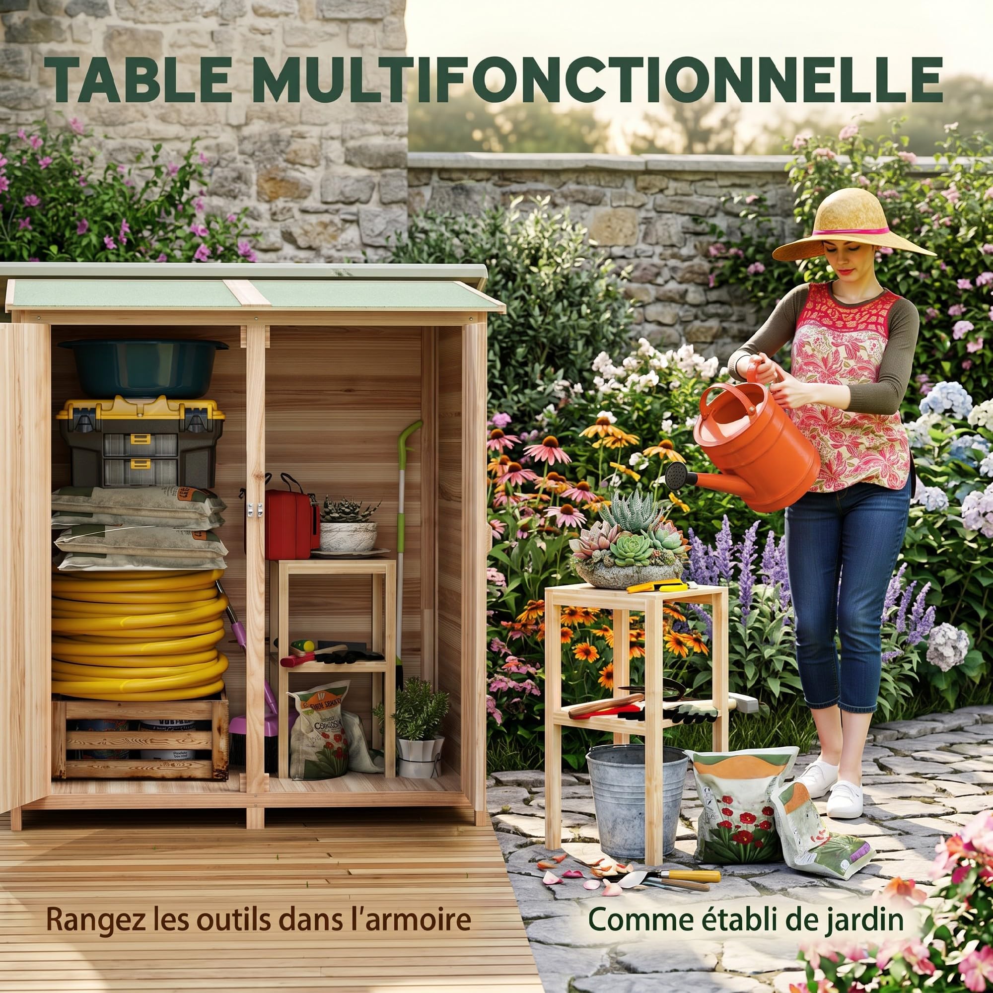 Outsunny Armoire de Jardin Cabane à Outils 2 Portes verrouillables Toit en Bitume imperméable Bois de Sapin 140x75x157 cm