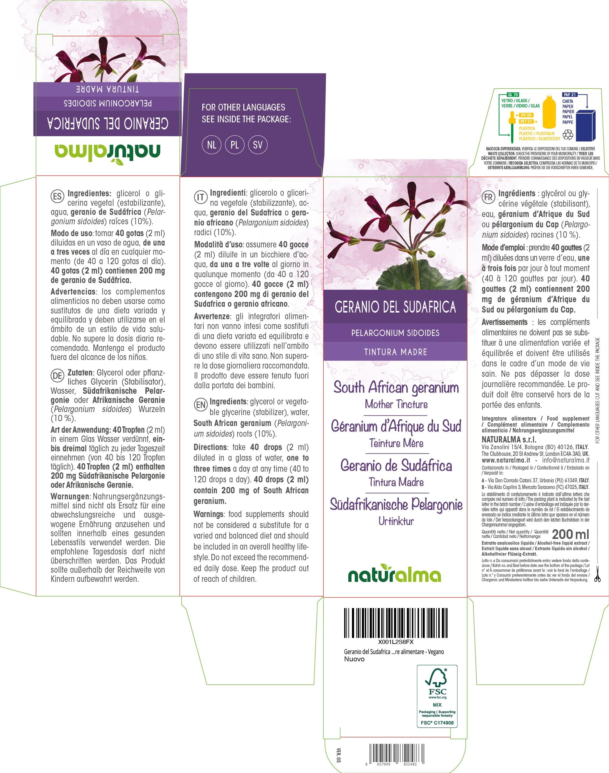 Geranio de Sudáfrica (Pelargonium sidoides) raíces Tintura Madre sin alcohol Naturalma - Extracto líquido gotas 200 ml - Complemento alimenticio - Vegano