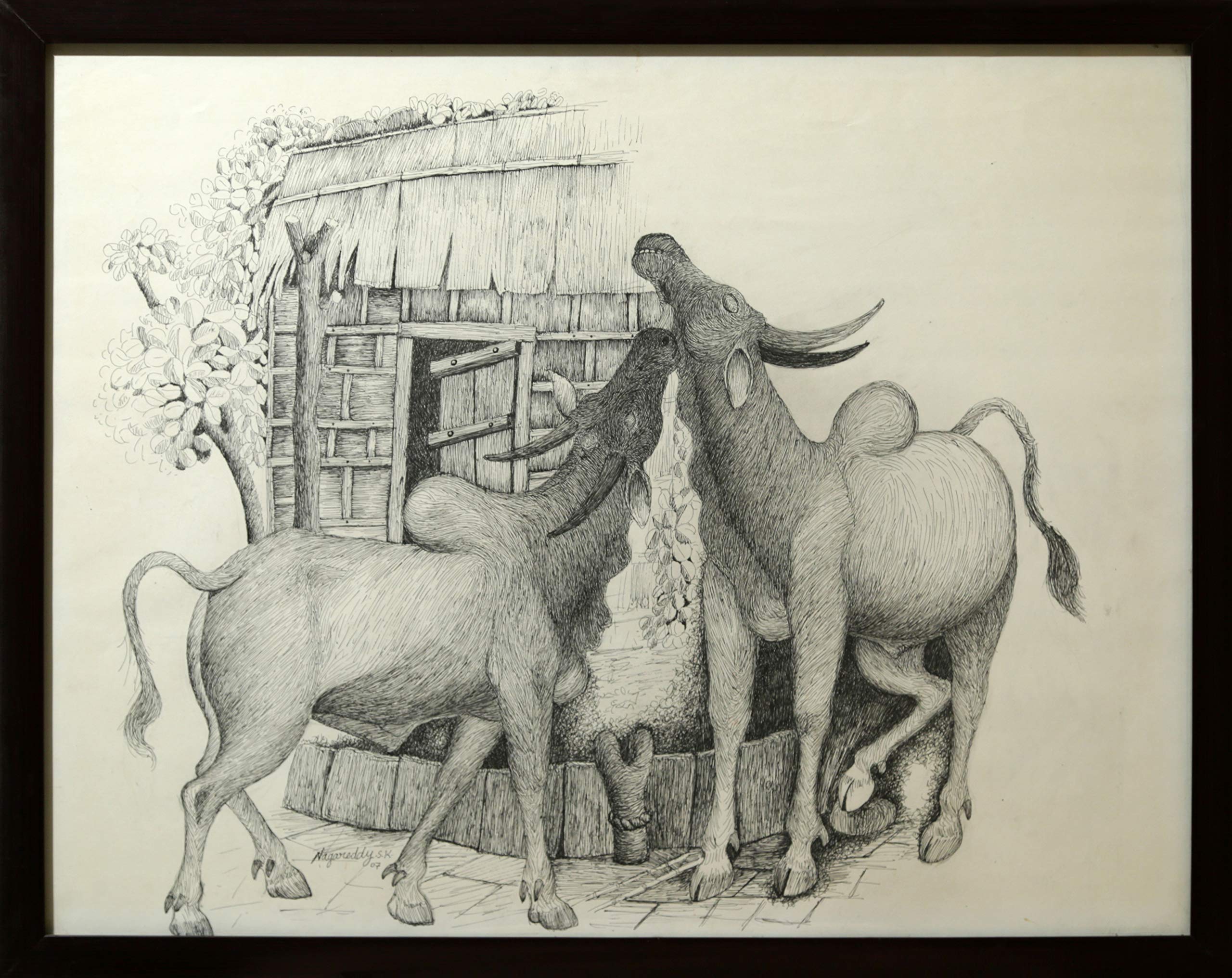 Loving Bulls (Pen And Pencil Painting By Naga Reddy)