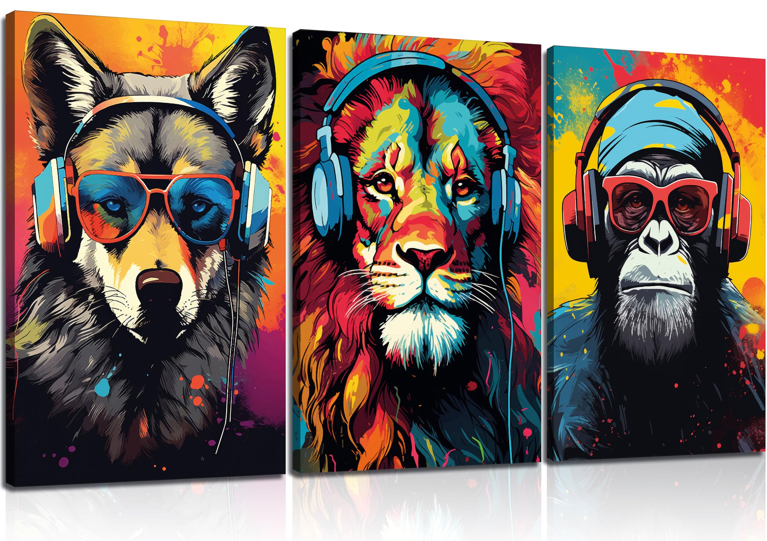 3pcs Gaming Wall Art Animal Graffiti Posters Pictures With Headphones Sunglasses Gorilla Tiger Wolf Cool Gamer Canvas Prints Colorful Graffiti