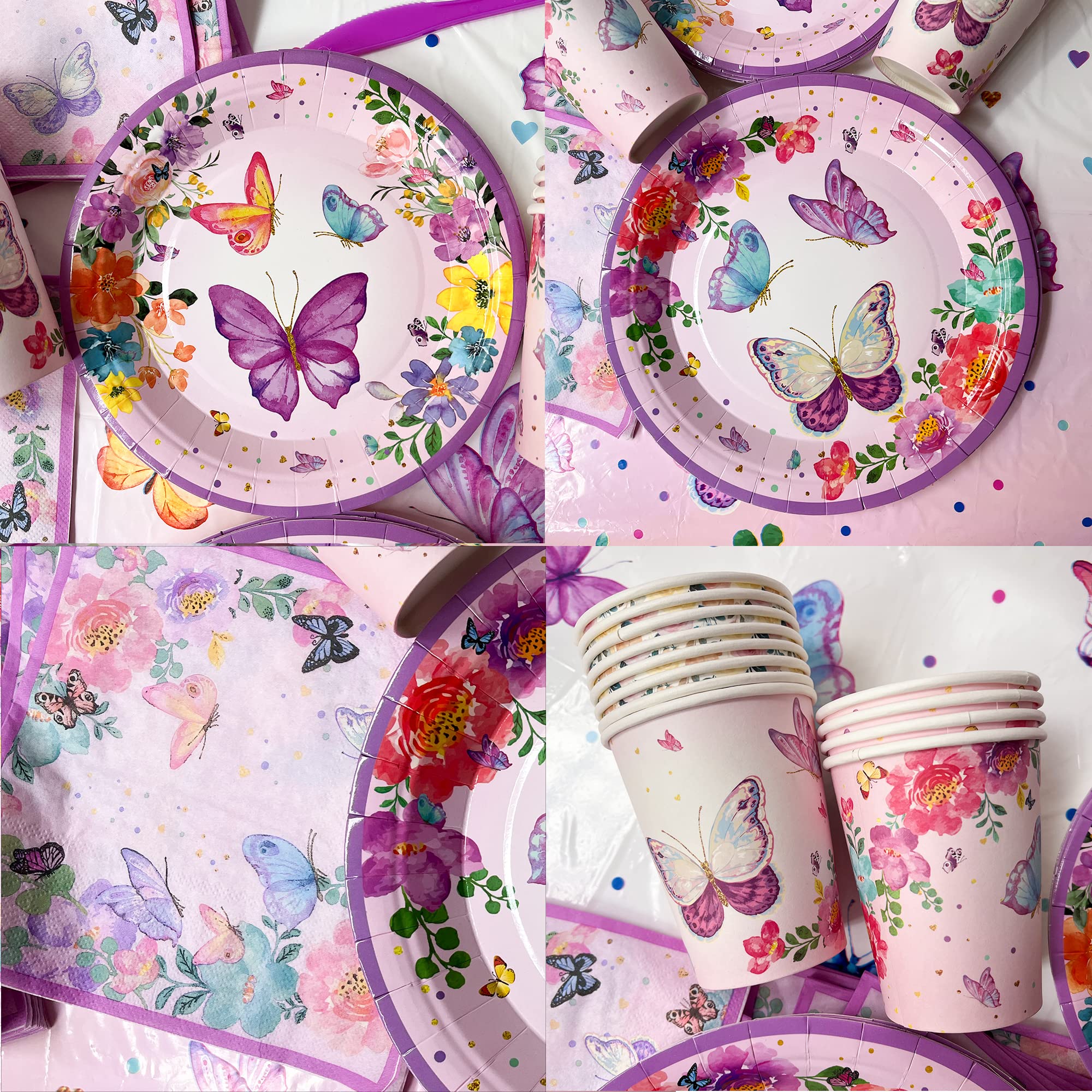 SUNBEAUTY Lot de 130 décorations d'anniversaire papillon avec assiettes en carton, nappes, tasses, pailles et serviettes pour fille (16 invités