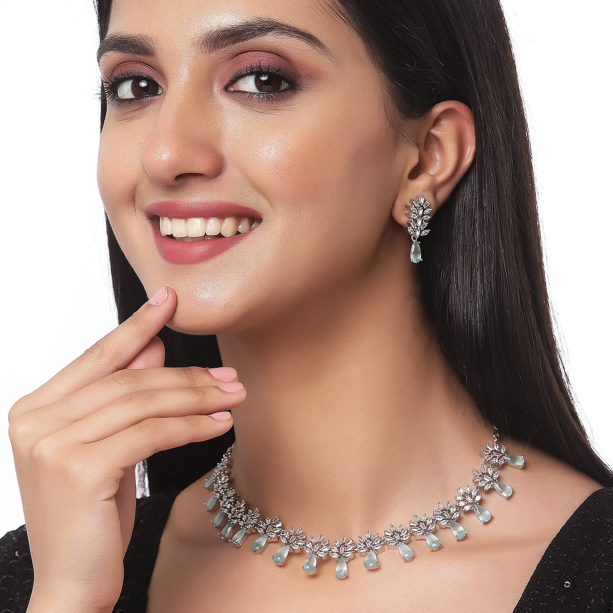 American Diamond Necklace Earrings Set, Rhodium-Plated