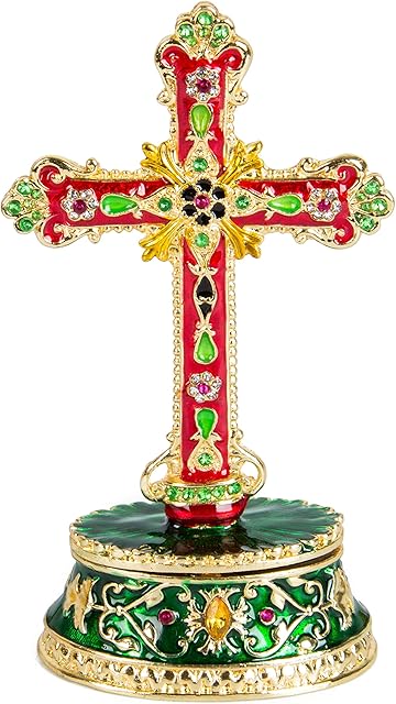 QIFU Hand Painted The Cross Style Hinged Jewelry Trinket Box wiith Rich Enamel and Sparkling Rhinestones, Unique Gift Home Decor, Best Ornament Your Collection
