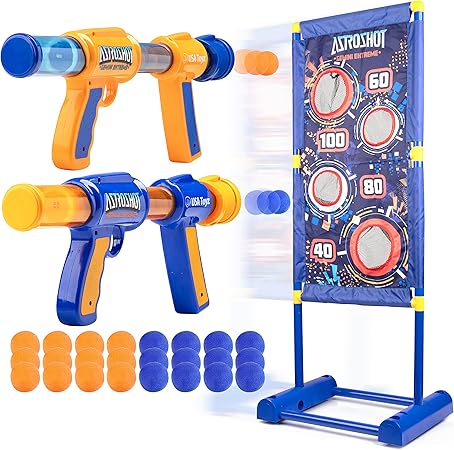 USA Toyz Astroshot Gemini Extreme Shooting Game for Kids 2 Pack Foam Ball Popper Air Guns and Moving Target Shooting Game Toy for Boys Girls 2 Guns 30 Balls Outdoor Compatible with Nerf Blue/Orange