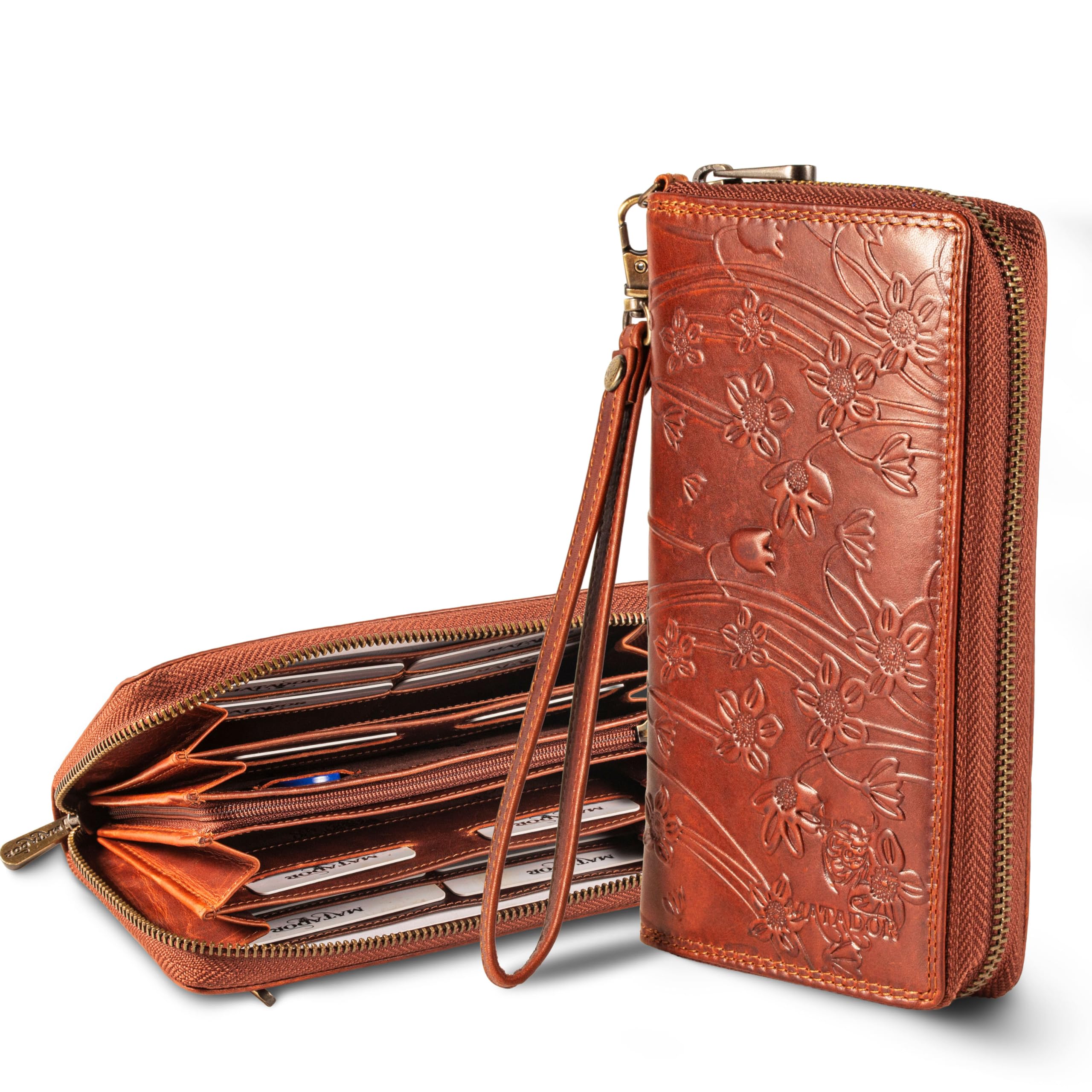 MATADOR Geldbeutel Damen Leder #Cadiz mit edler Geschenk Box, Elegante Geldtasche mit RFID Blocker, Luxus Frauen Portmonee Viele Kartenfächer in Blumen Braun