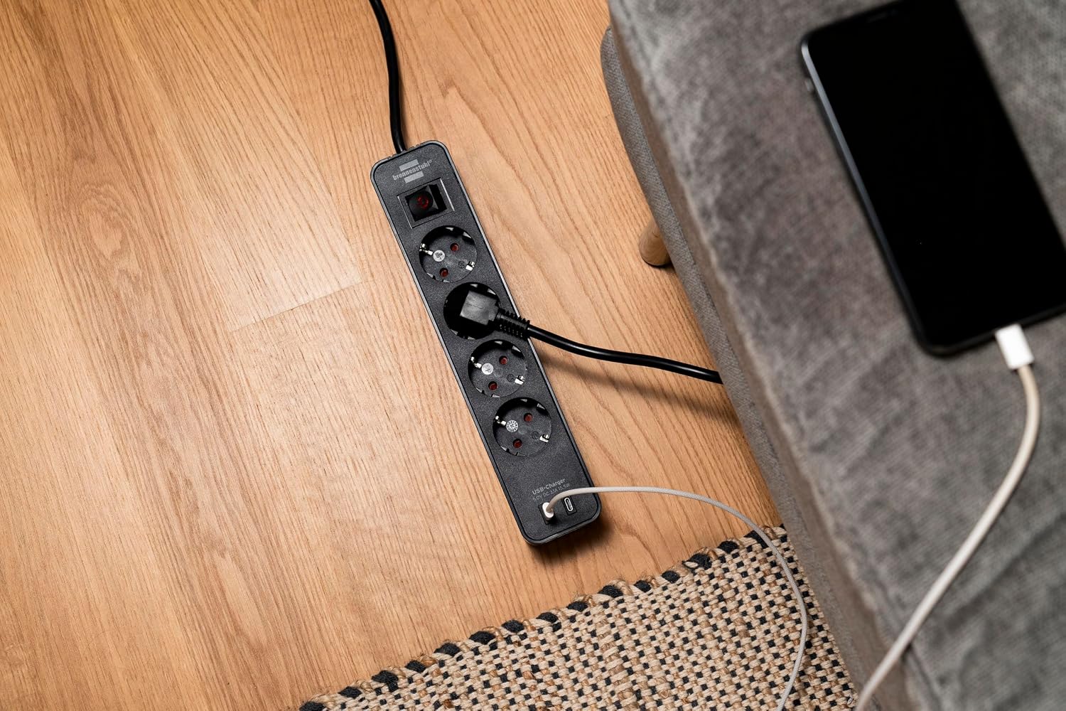 Brennenstuhl Ecolor 4-Way Power Strip with USB Charging Port (Power Strip with 2x USB C, Switch and 1.5 m Cable) Black