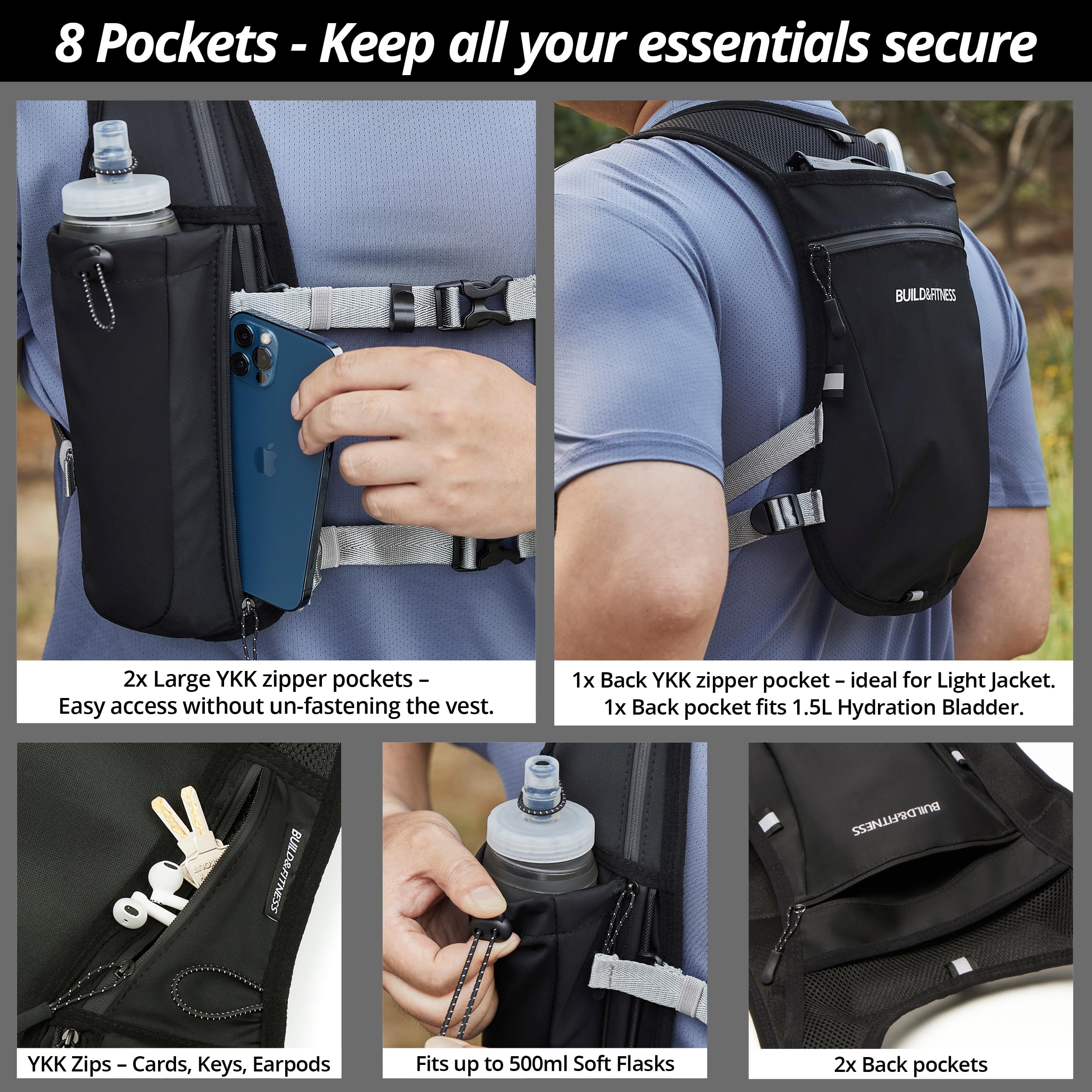 Gilet d'hydratation de Course à Pied pour Femmes et Hommes. Réfléchissant, Séchage Rapide, Résistant à l'eau, Sac à Dos réglable pour Course