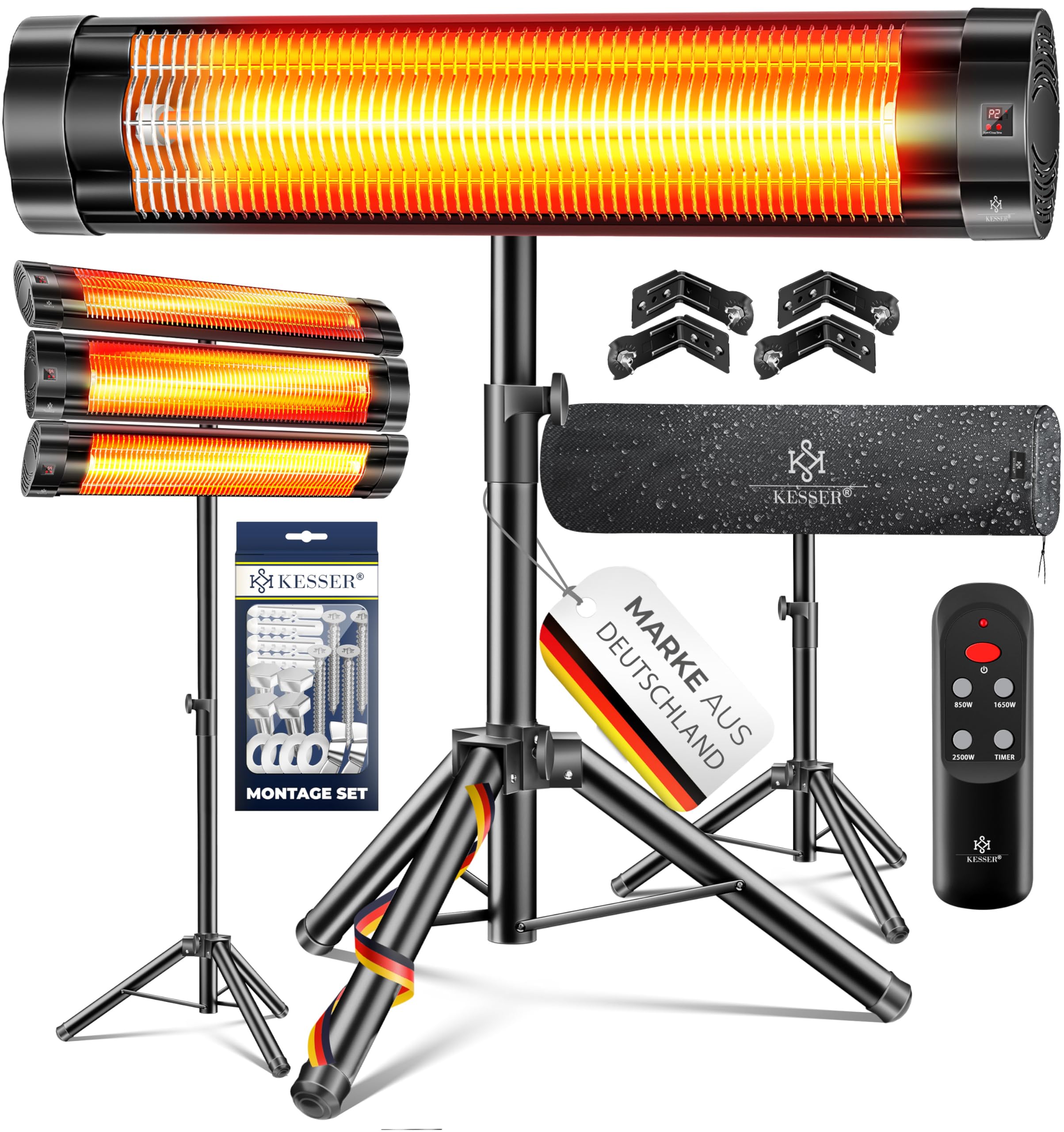 KESSER® Infrarotstrahler Heizstrahler Terrassenstrahler 2500W mit Fernbedienung inkl. Schutzhülle höhenverstellbarem Teleskopstativ Wickeltischstrahler Terrassenheizer Quarzstrahler Infrarot
