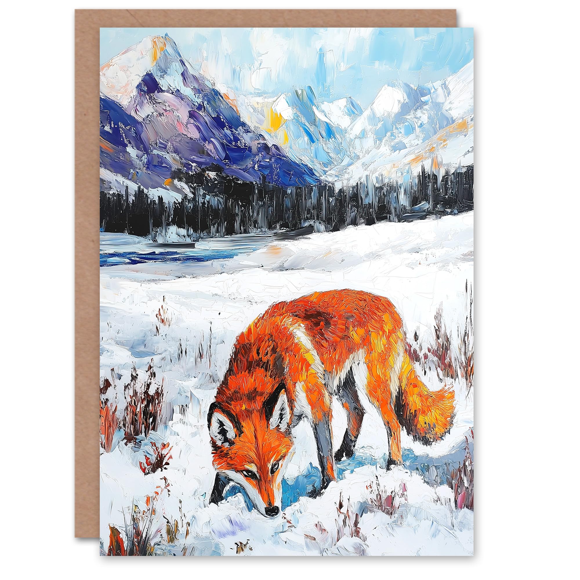 Artery8 Greeting Card Red Fox in Snowy Mountain Winter Landscape Blank For Him Or Her Art Birthday Card