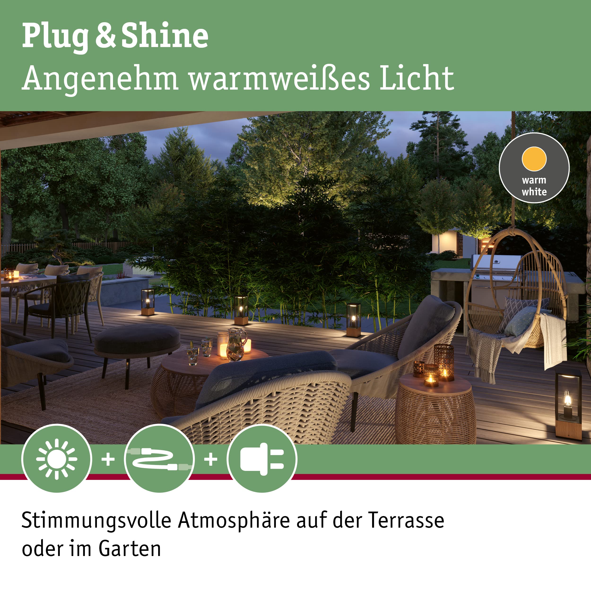 Paulmann 94673 Plug & Shine LED Außenleuchte Pollerleuchte Venea IP44 eckig incl. 1x2 Watt dimmbar Lichtobjekt Holz E14
