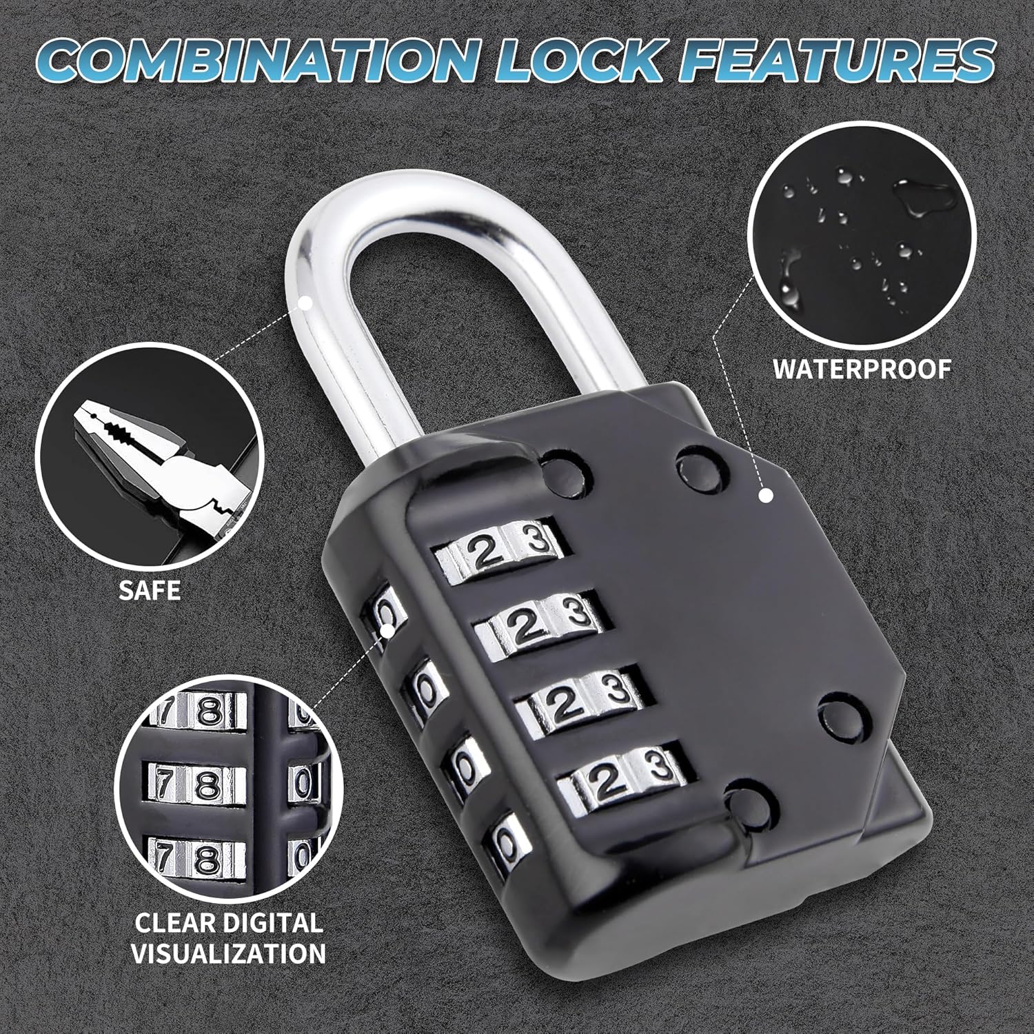 Combination Padlock, 4 Digit Lock, Code Resettable Locker Lock, Heavy Duty Waterproof Indoor and Outdoor Use for School Luggage Gym Cabinet Gate Fence, Pack of 2, Black