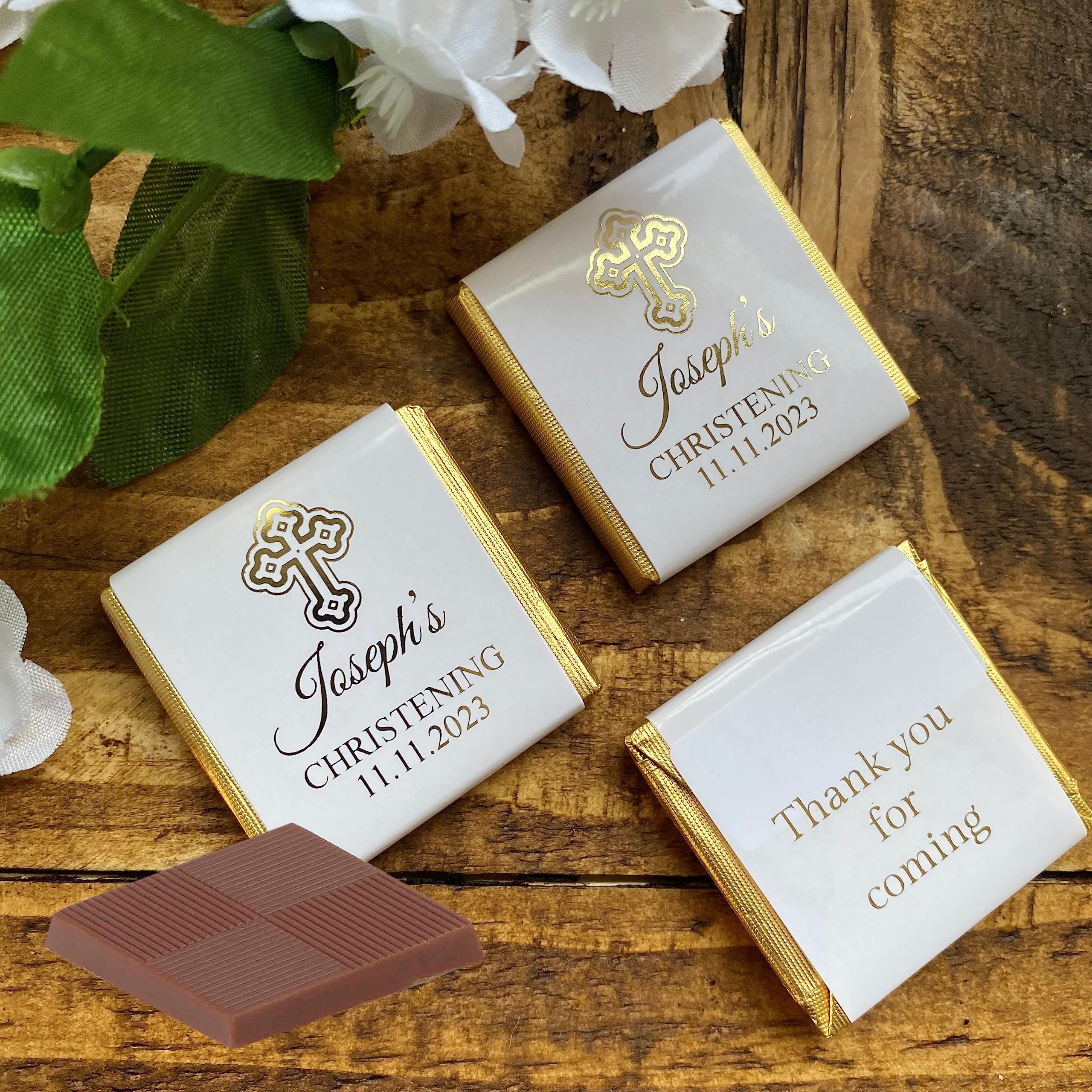 Personalised Christening or Baptism Chocolate Favours Gold or Silver Foil Other Religous Occasions