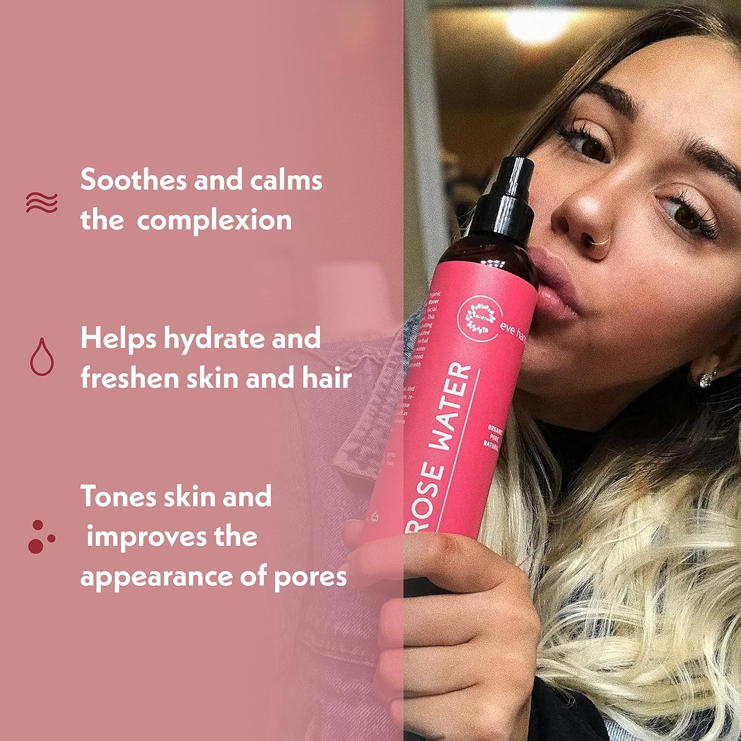 Eve Hansen Organic Rose Water Spray – Pure Rosewater Face & Hair Mist for Hydration & Refreshing Glow | Facial Toner & Makeup Setting Spray | Alcohol-Free & Vegan | 4 oz - Image 2