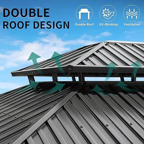 Miniatura 3 de DWVO Gazebo de techo rígido de 12 x 14 pies, techo doble con redes y cortinas, techo de rayas verticales de acero galvanizado resistente para patio,
