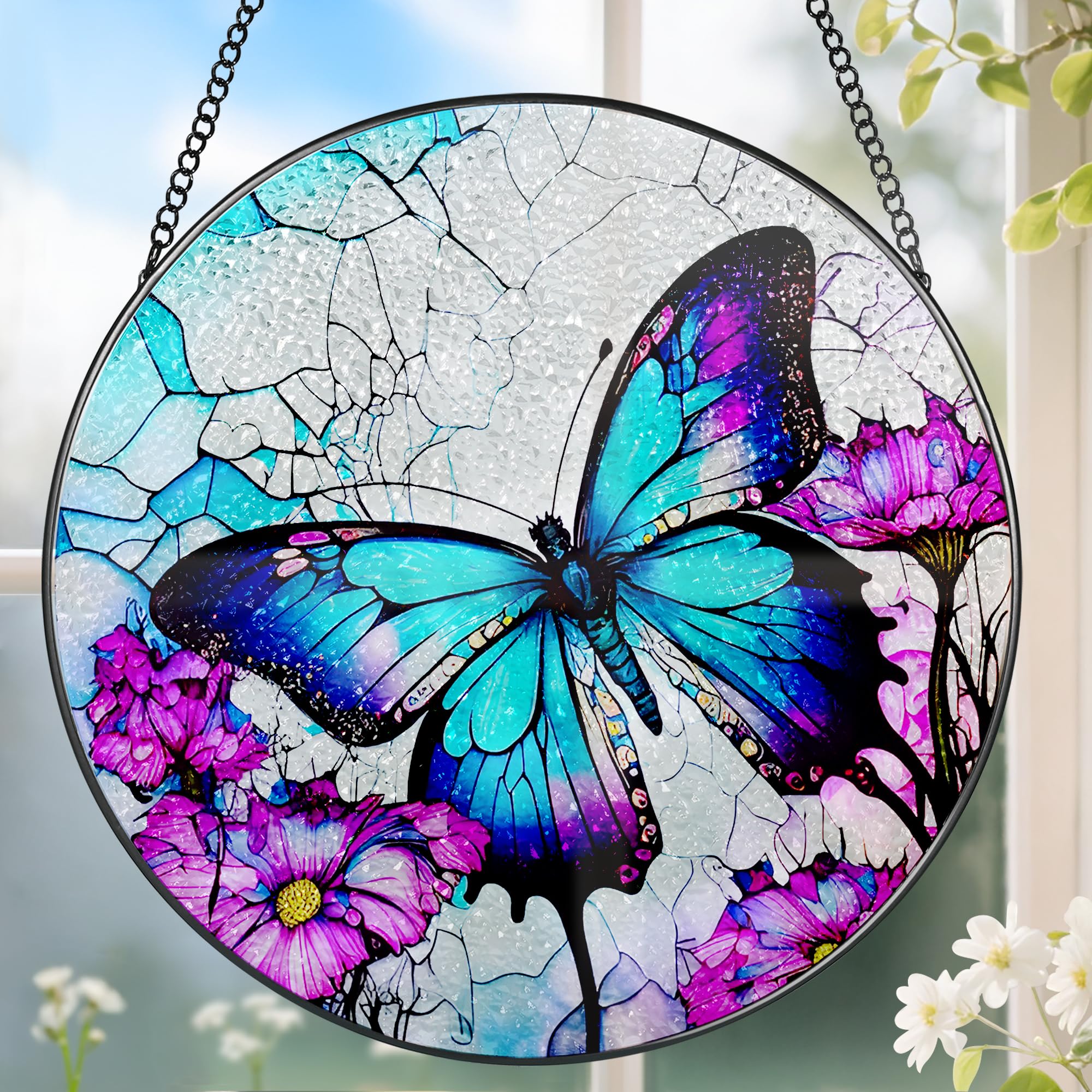 8 Inch Stained Glass Suncatcher Ornament, DOUHASU Butterfly Sun Catchers Indoor Window, Stained Glass Window Hanging, Home Decor, Butterfly Lovers
