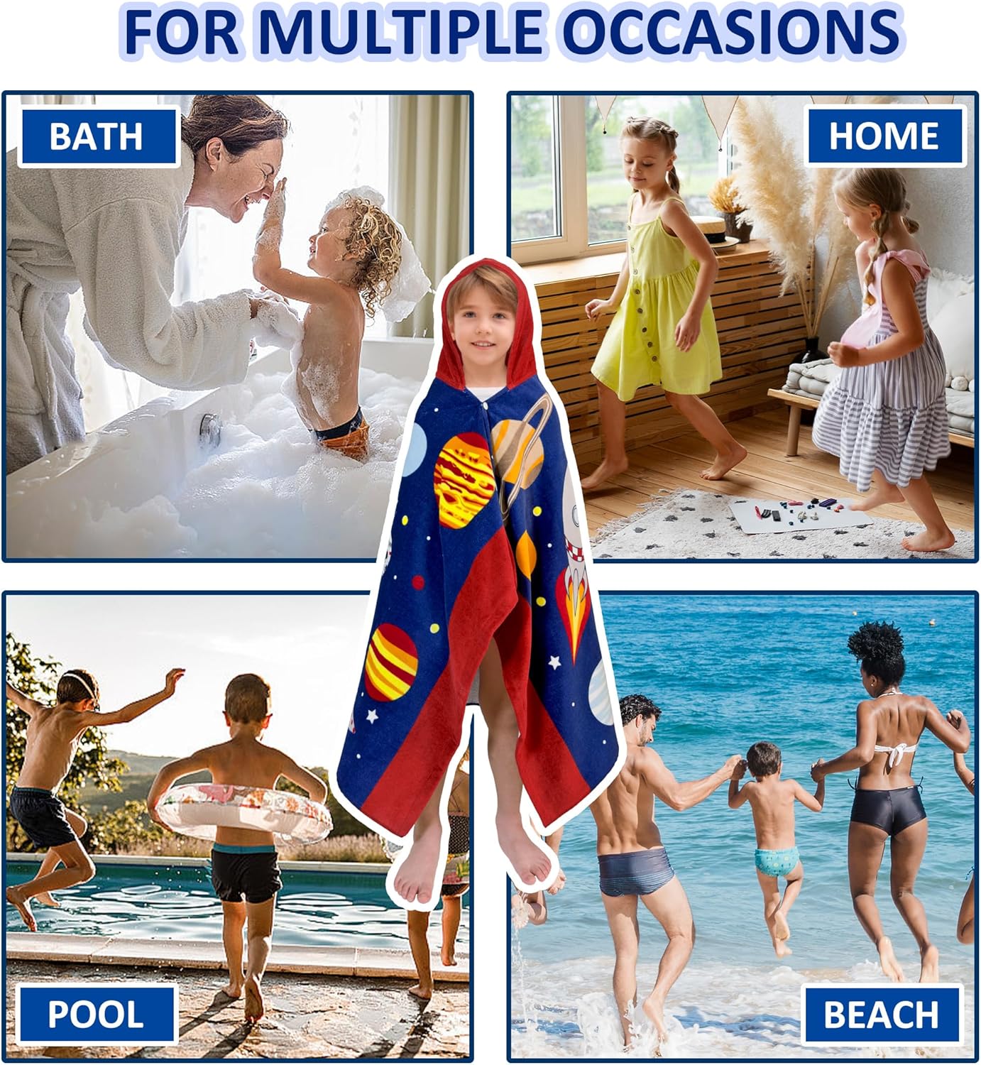 Kids Hooded Bath Towel-Soft Thick 100% Cotton Hooded Beach Towel for Kids 3-10 Years,Absorbent Fast-Drying Cute Toddler Bath & Swim Towel,for Boys & Girls 30"x50"(Space Navy) - Image 4