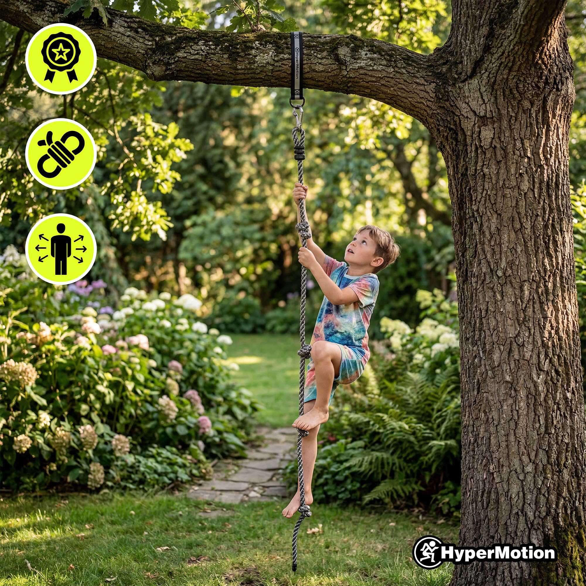 HyperMotion Klettergerüst 6in1 Kinder Indoor Outdoor – Türreck mit Strickleiter, Kletterseil, Schaukel, Turnringen & Trapez aus Buchenholz, höhenverstellbar, ab 3 Jahren, bis 100 kg