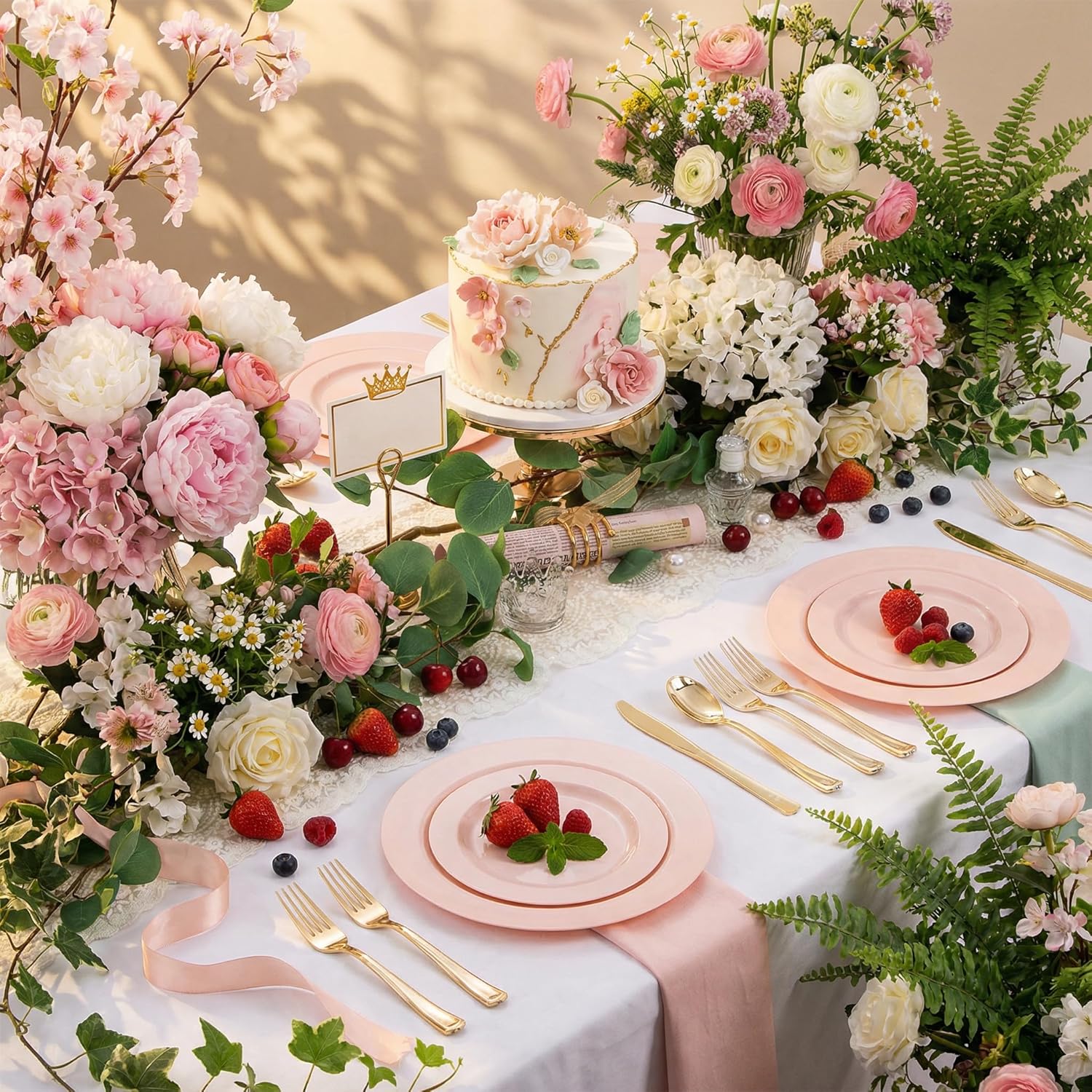 FLOWERCAT 60PCS Pink Plastic Plates - Heavy Duty Pink Plates Disposable for Spring Party&Mother's Day/Wedding - serving 30 guests Include 30PCS 10.25inch & 30PCS 7.5inch