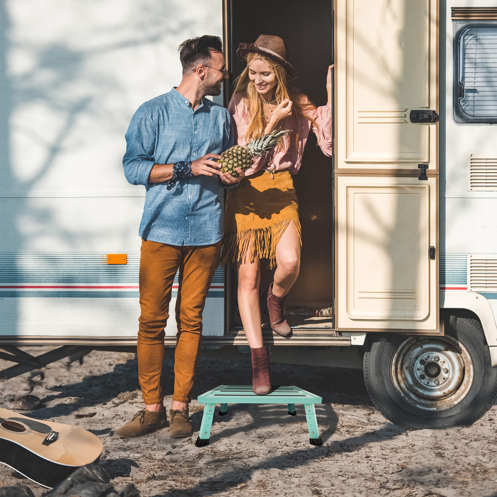 DEPSUNNY Adjustable Height Aluminum RV Step, Stable Foldable Platform Step Stool, Supports Up to 1,000 lb, Non-Slip Rubber Feet and Platform Mat, Easy to Carry (Seafoam Green)