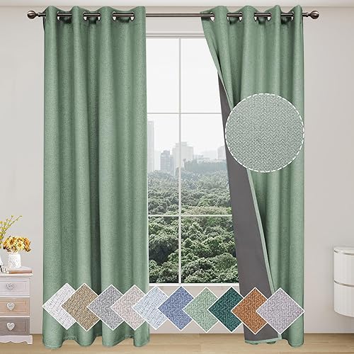 Cortinas texturizadas de lino 100% opacas, cortinas de ventana insonorizadas con forro gris de 3 capas, cortinas con ojales antioxidantes para