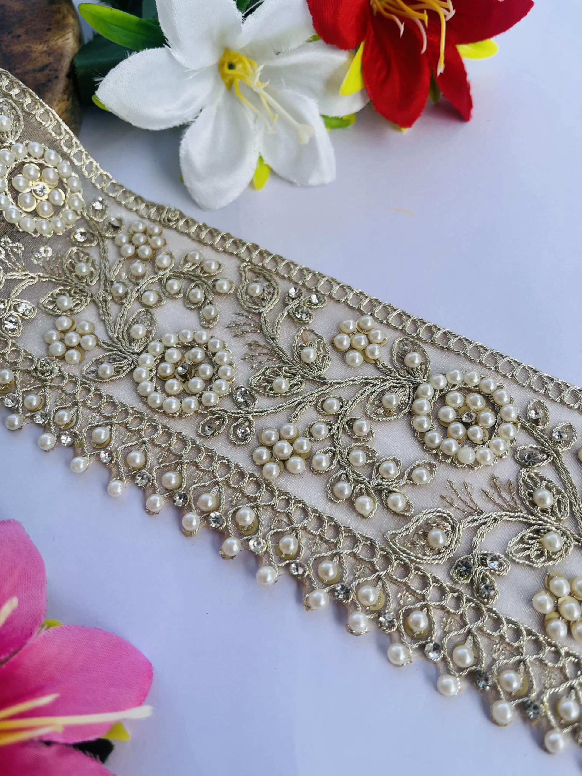 Encaje de perlas de 7,6 cm oro champán para decorar vestidos de boda