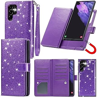Varikke Samsung S22 Ultra Case Wallet, S22 Ultra Case for Women with Card Holder & Powerful Magnetic Detachable Cover & Kickstand Wristlet Glitter Leather Wallet Case for Galaxy S22 Ultra, Dark Purple