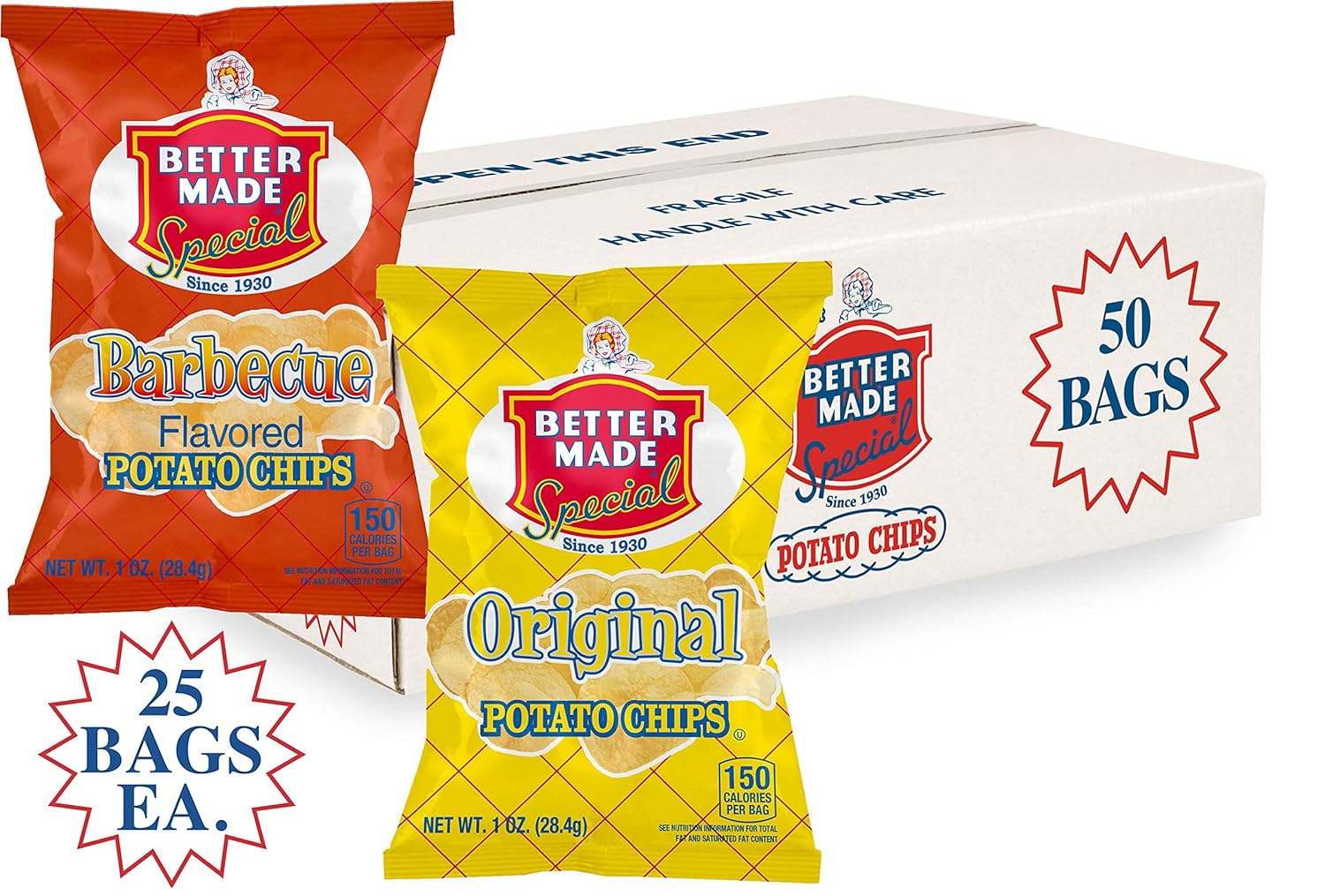 Better Made Special Original & BBQ Potato Chips Variety Pack Case of 501oz Bags