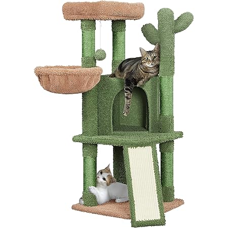 Topeakmart 42″ H Cactus Cat Tree, Cute Cat Tower w/Scratching Posts, Indoor Cat Furniture Cat Activity Center Play House w/Platform, Condo, Basket & Hanging Ball