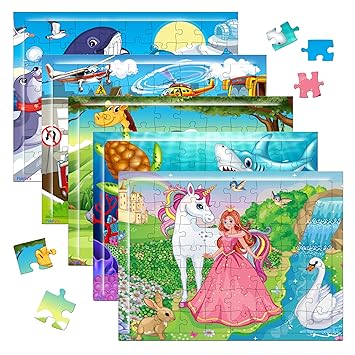 Fiddlys 54 Pcs Wood Jigsaw Puzzles for Kids & Children Age 6+ Double Layered Wooden Puzzles with Bright Front & Back Print Puzzle for Kids-Educational Toy (Pack of 5) - image, photos
