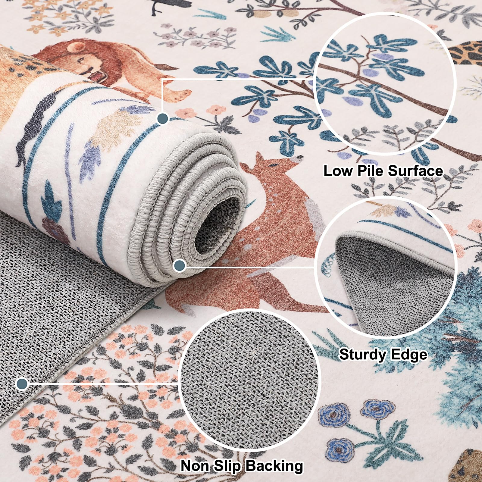 Instellar Washable Nursery Playroom Area Rug 5x7, Animal Print Jungle Rugs for Kids’ Bedroom Living Room, Soft Non-Slip Stain Resistant Tiger Carpet, Beige