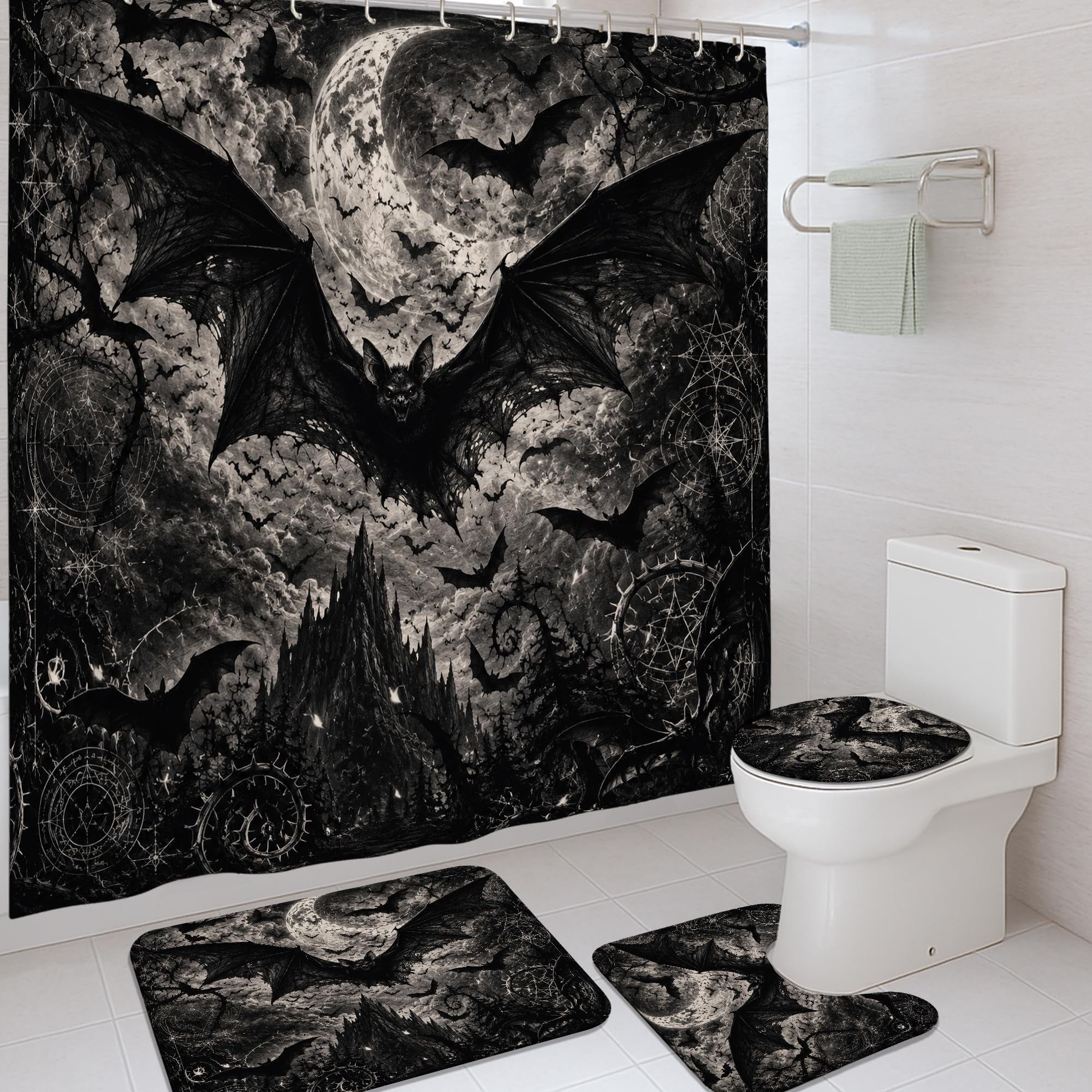 Rideau de douche Halloween noir 183x183 cm avec motif chauve-souris et lune