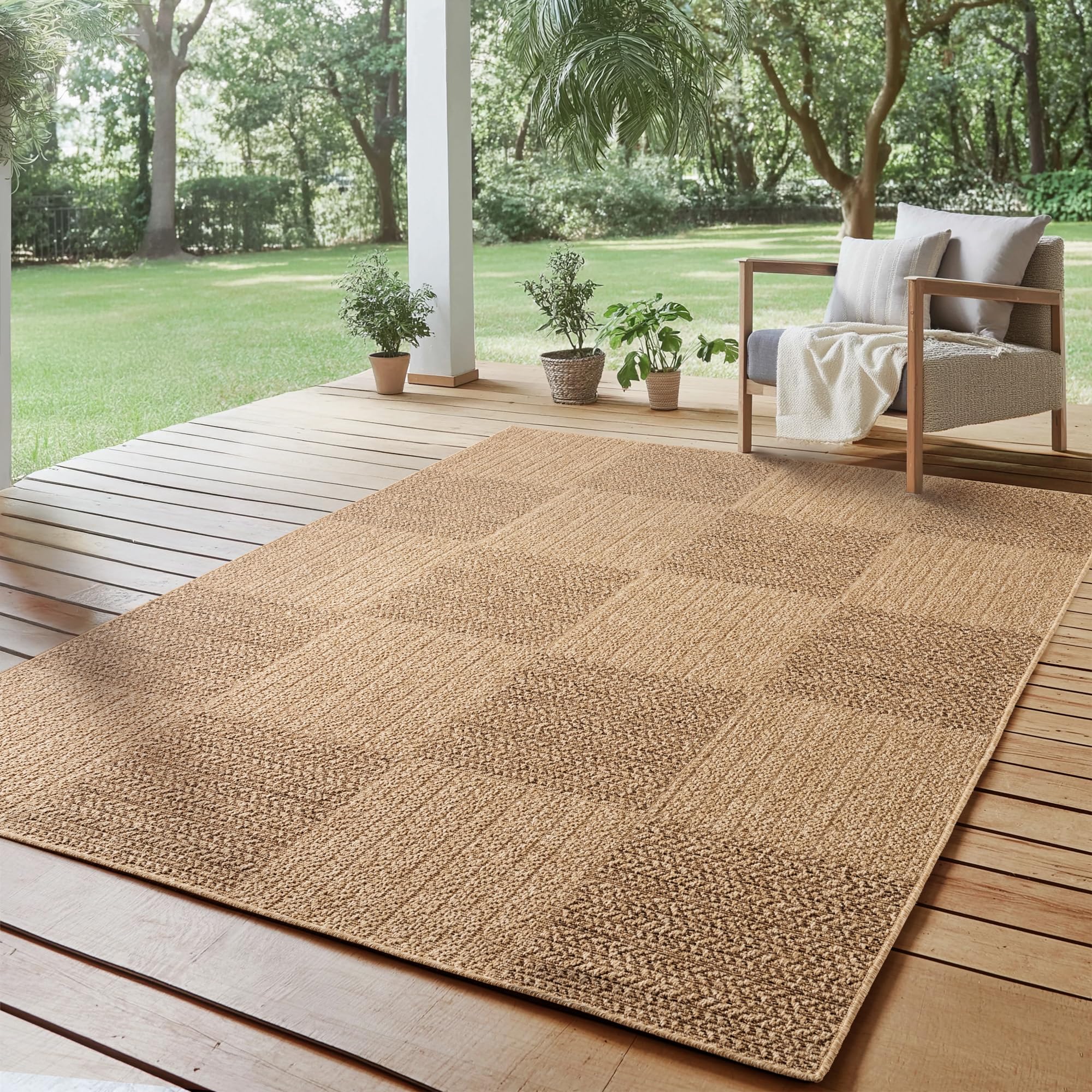SIMPEX Outdoor Teppich Wetterfest Pflegeleicht Waschbar Jute Natur Optik Skandinavisches Boho Design für Wohnzimmer Schlafzimmer Esszimmer Küche Terrasse Balkon Garten