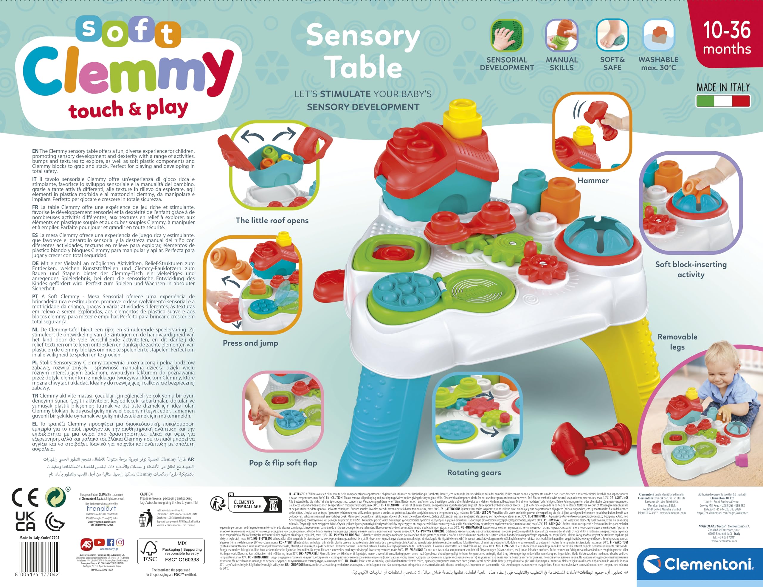 Clementoni Soft Clemmy - Touch & Play Sensory Table, Tavolino Bambini 10-36 Mesi, 10 Mattoncini per Costruzioni, Gioco Prima Infanzia Made in Italy per Stimolare i Sensi dei più Piccoli, 17704