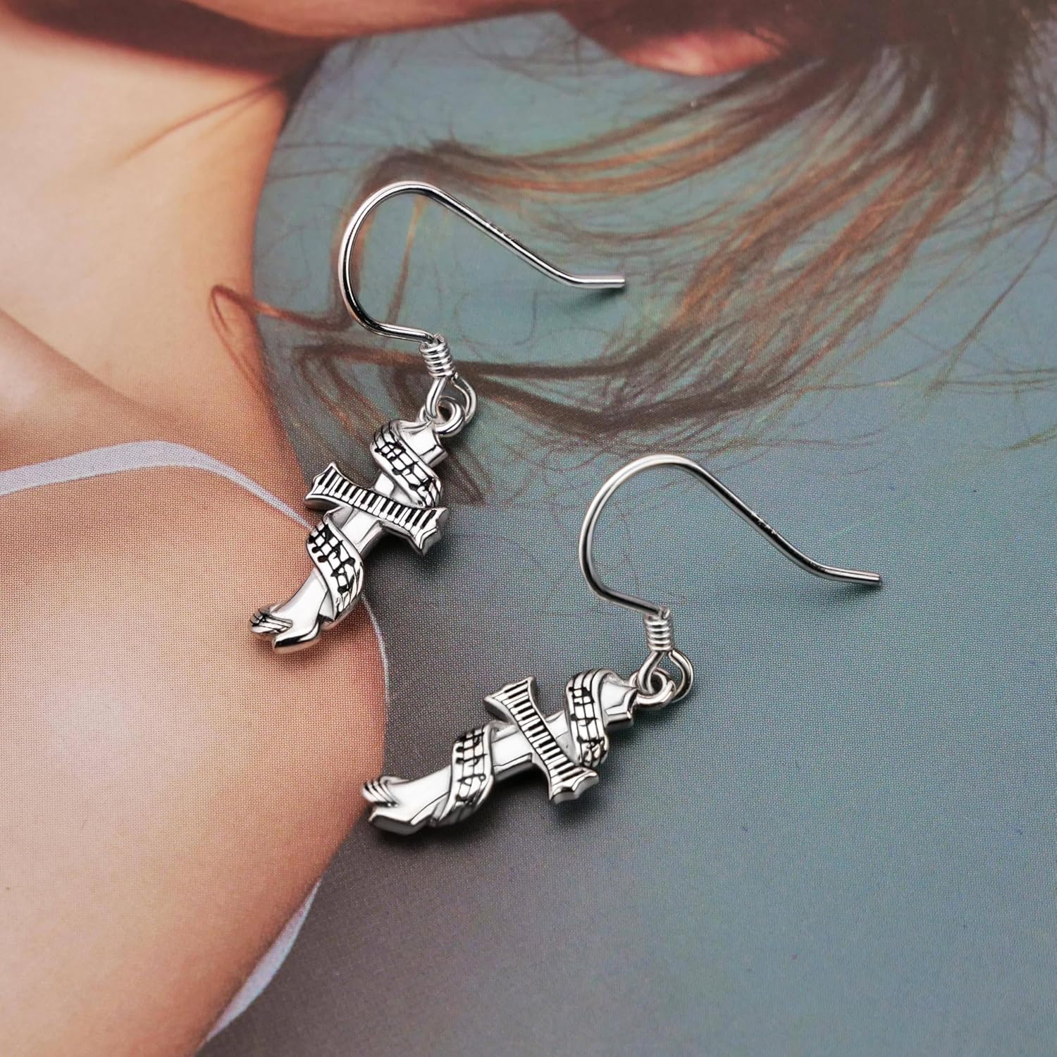 Music Cross Earrings for Women 925 Sterling Silver Cross Dangle Earrings Jewelry Gifts for Her