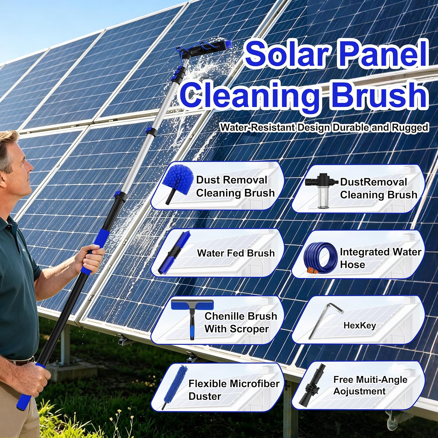30FT Reach Solar Panel Cleaning Brush Kit with 5-24FT Telescoping Pole, 40FT Hose, 20" Water Fed Brush, Soap Dispenser, Cobweb Duster, Squeegee & High Ceiling Duster for Roof, RV, Gutter, Boat, Deck thumbnail