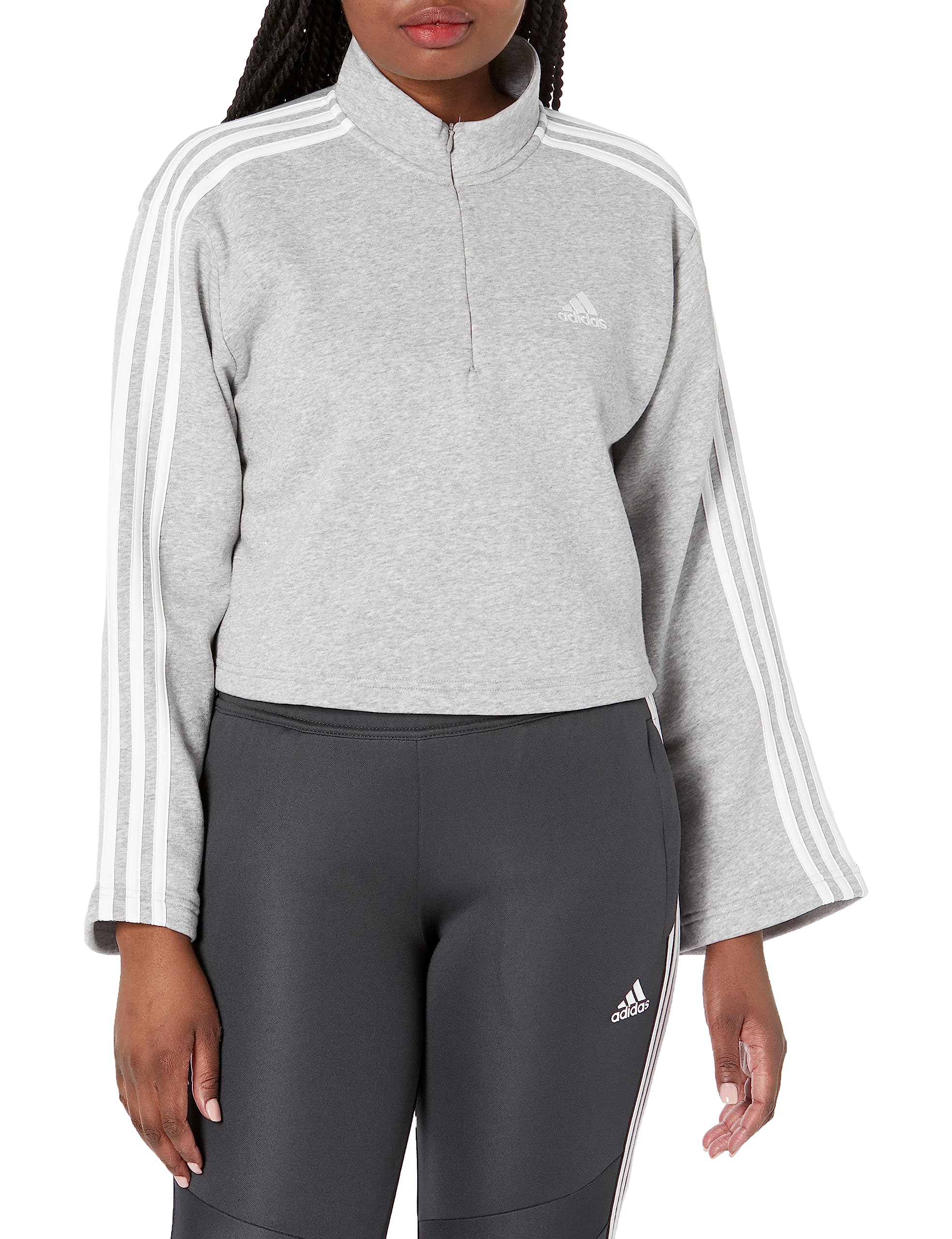 adidas Women's Essentials 3-Stripes Open Hem Quarter-Zip Fleece, Medium Grey Heather/White, Medium