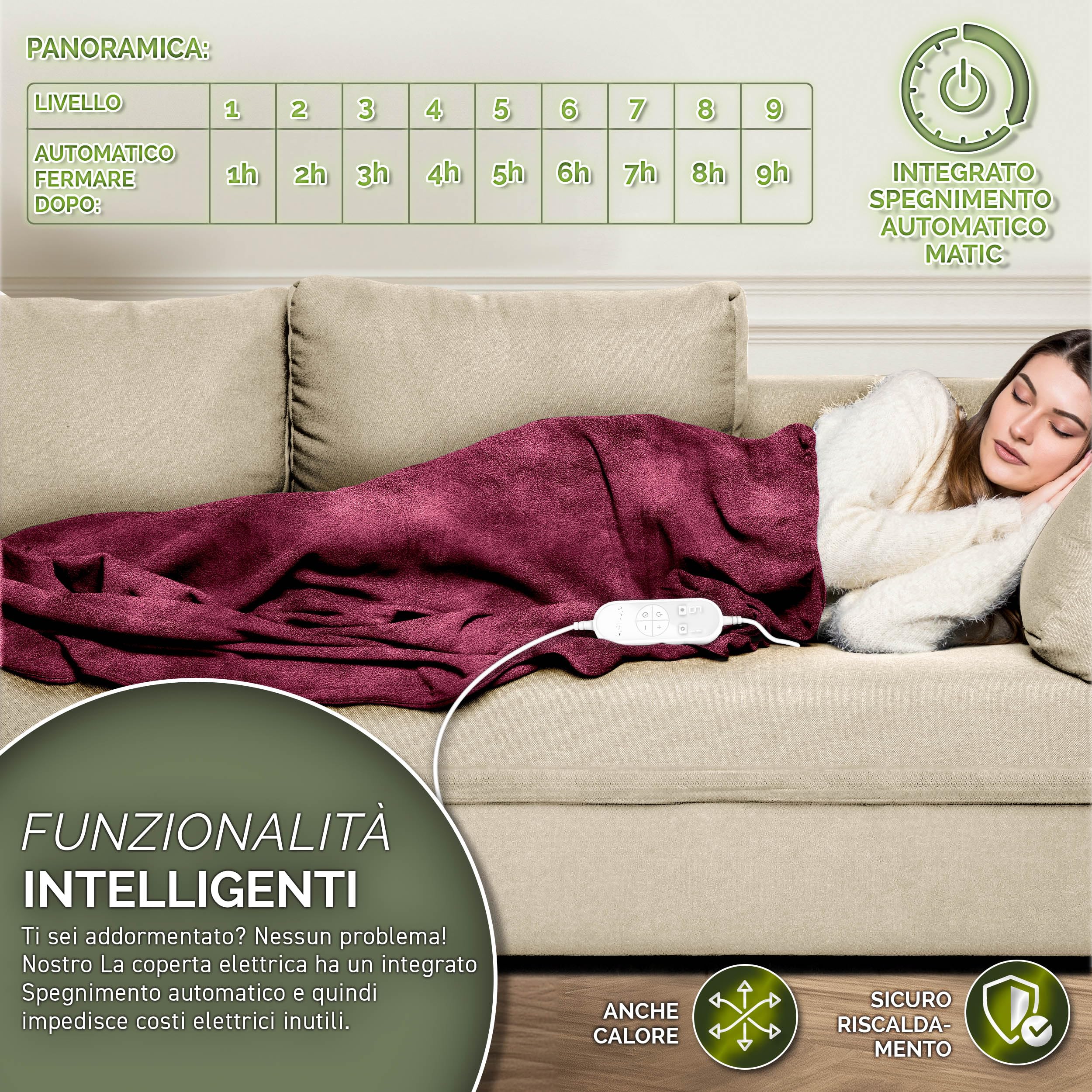 sinnlein® Sottocoperta Elettrica 180x130cm | Scaldaletto Elettrico con Spegnimento Automatico | Coprimaterasso Termico | Timer | 9 Livelli di Temperatura