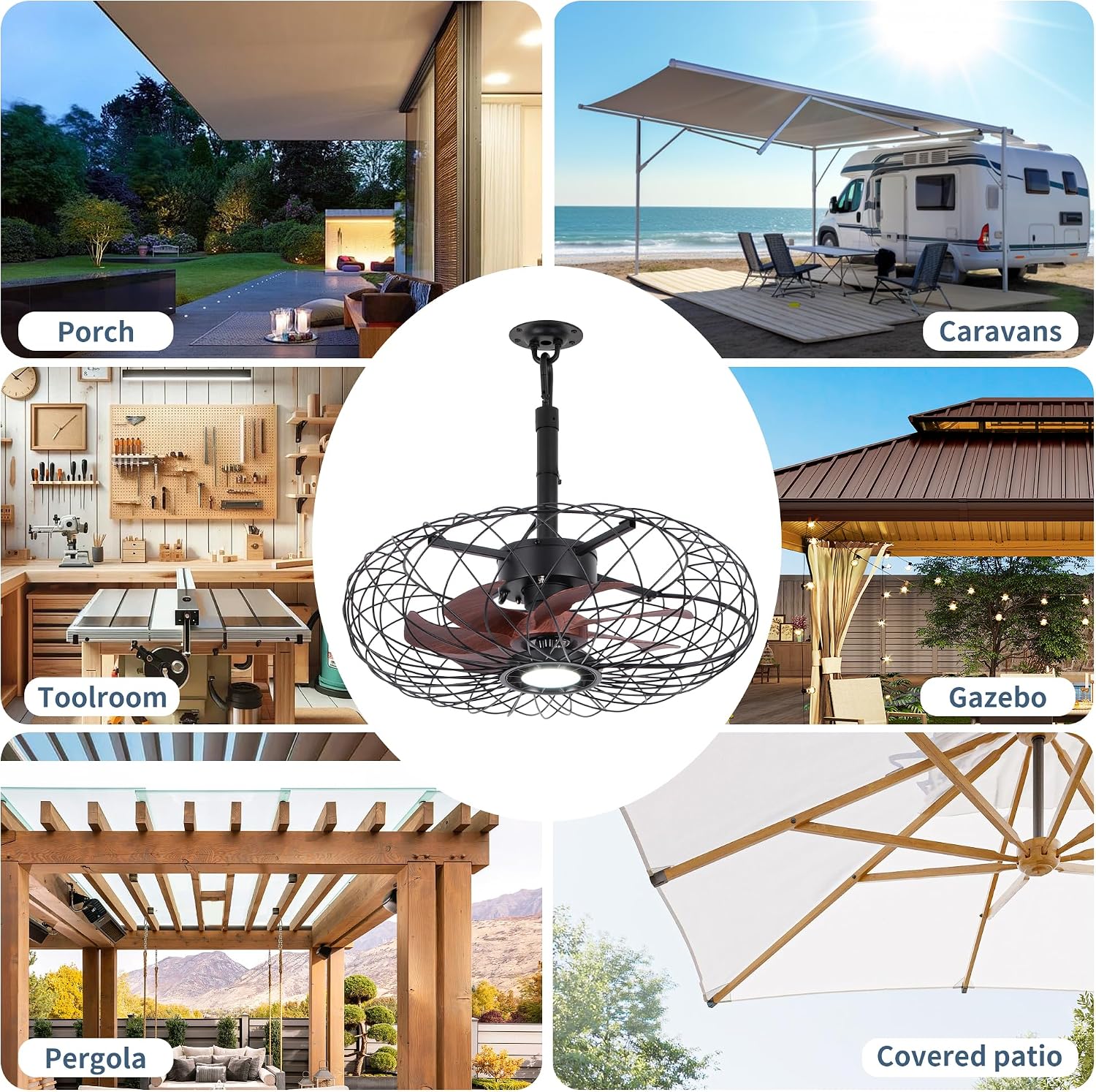 Miuyhji Black Outdoor Ceiling Fans with LED Light, 20" Waterproof Gazebo Fan Plug in Caged Industrial Fandelier Ceiling Fan with Remote, 6 Speeds Adjustable Height Fan for Bedroom Living Room Pergola