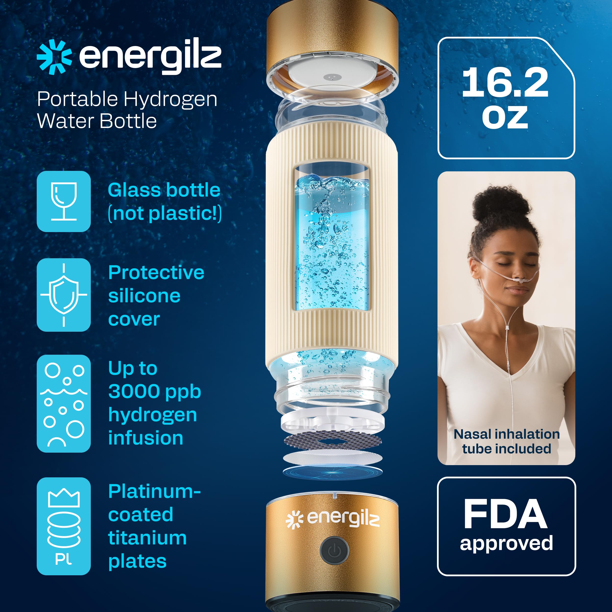Energilz Hydrogen Water Bottle | Large 16.2 oz (480 ml) Hydrogen Water Bottle Generator 3000 ppb | Hydrogenator Machine | SPE/PEM Hydrogenated Ionizer Generator(Golden w/Beige)