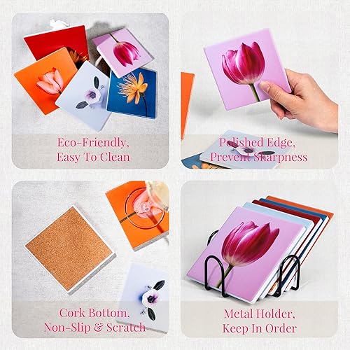 Miniatura 4 de Juego de 5 posavasos estéticos para bebidas, posavasos de cerámica absorbentes con soporte y parte inferior de corcho para decoración de mesa